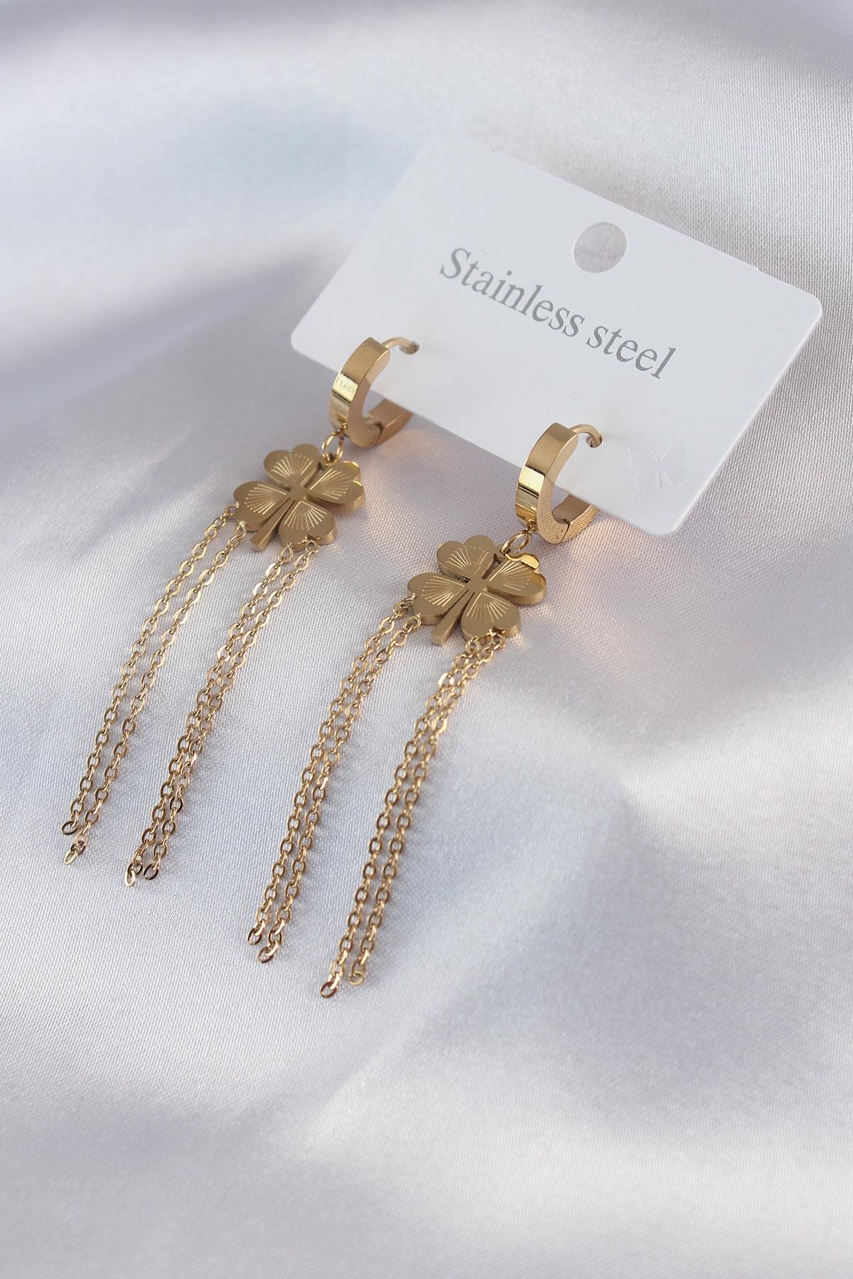 Celira Çelik Gold Renk Üçlü Sallantı Zincir Model Kadın Küpe
