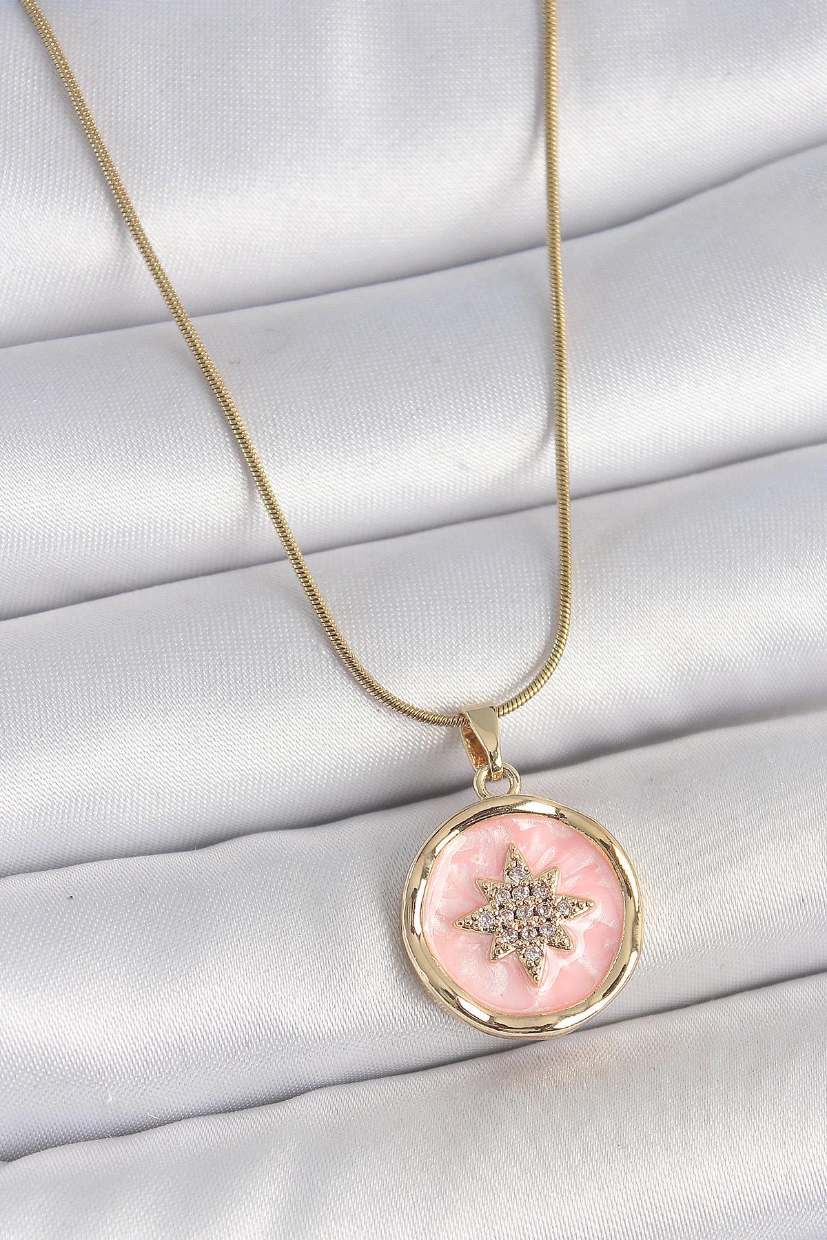 Celira Çelik Gold Renk Zincir Pembe Mineli Zirkon Taşlı Kuzey Yıldız İşlemeli Madalyon Model Kadın Kolye