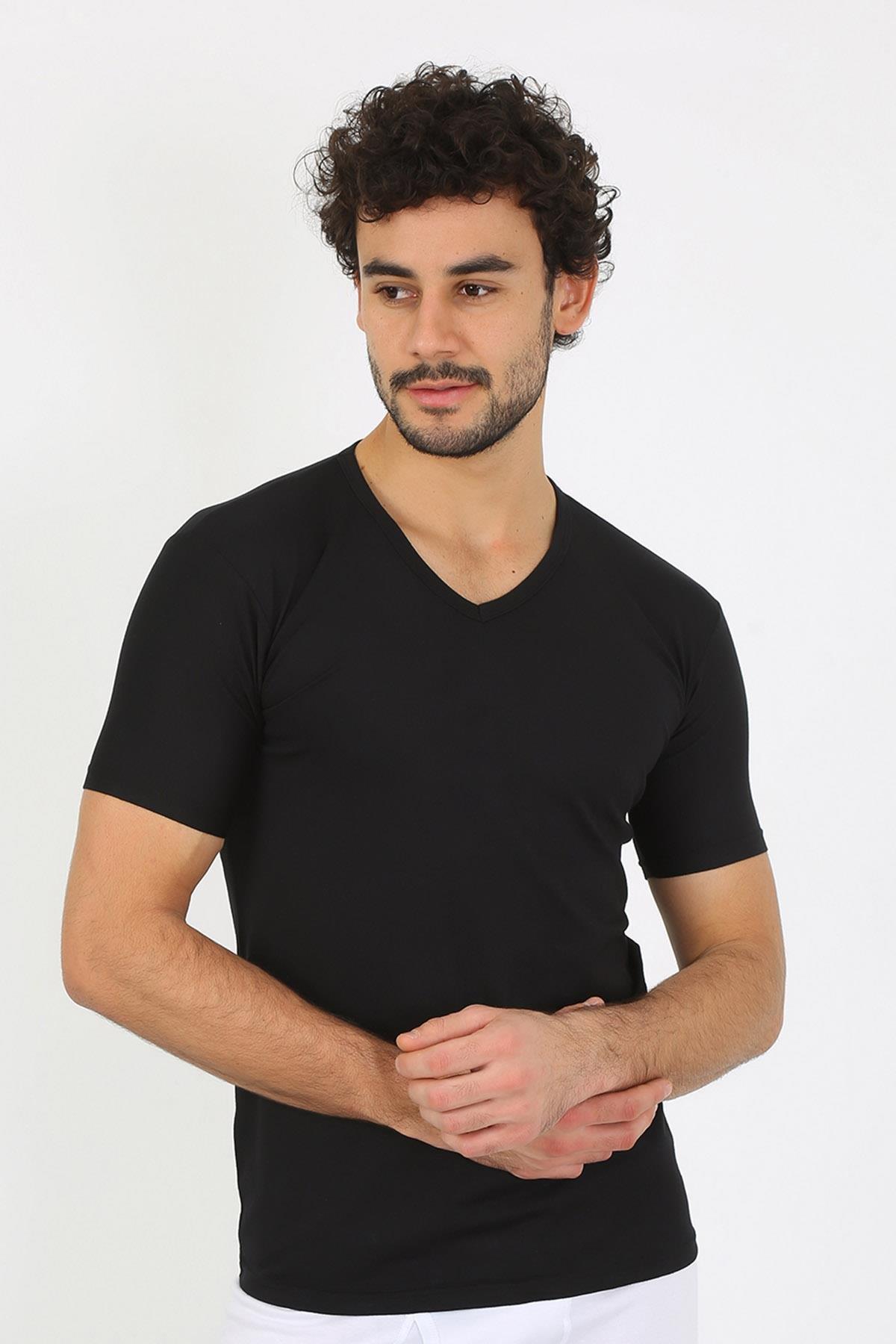 Celira Erkek Likralı V Yaka Siyah T-Shirt 65700