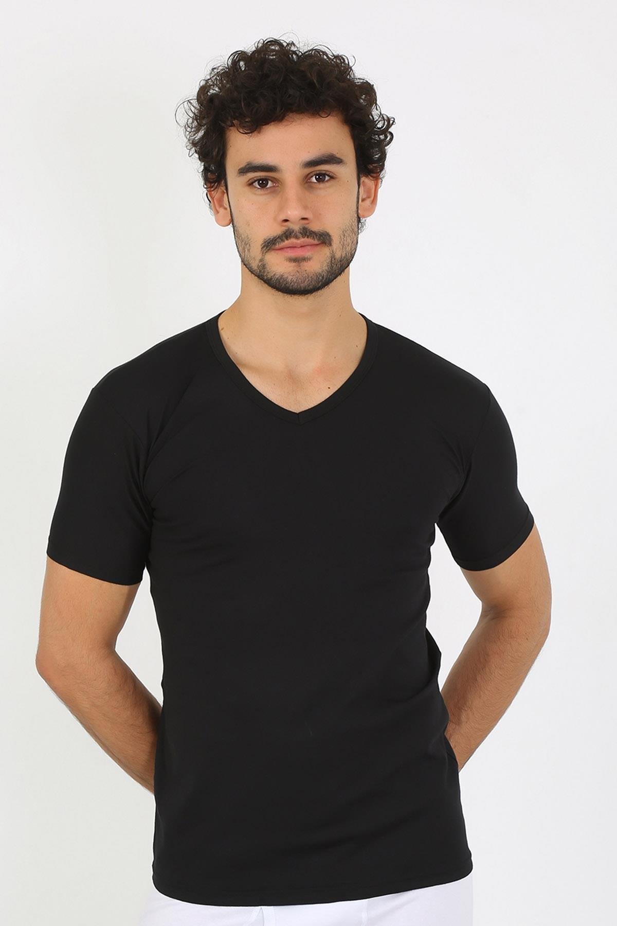 Celira Erkek Likralı V Yaka Siyah T-Shirt 65700