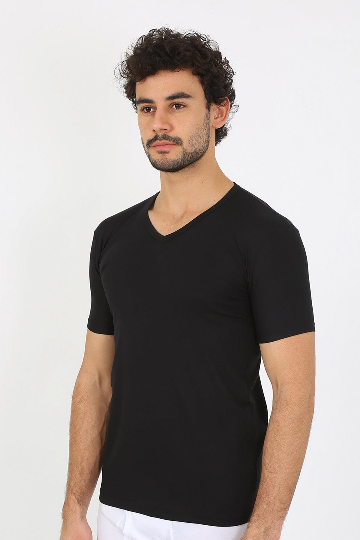 Celira Erkek Likralı V Yaka Siyah T-Shirt 65700