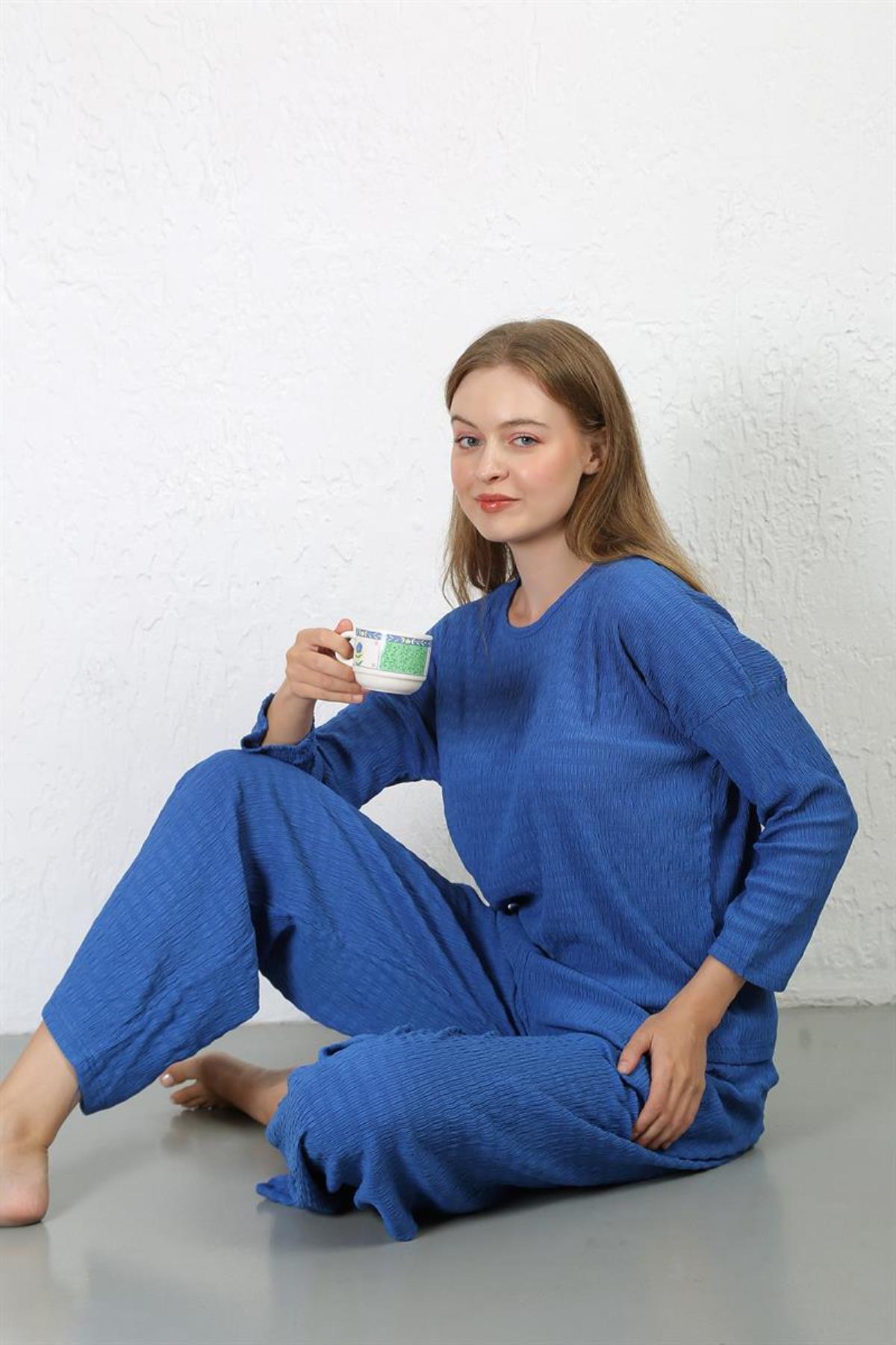 Celira Kadın Bürümcük Kumaş Pijama Takım Saks 4233