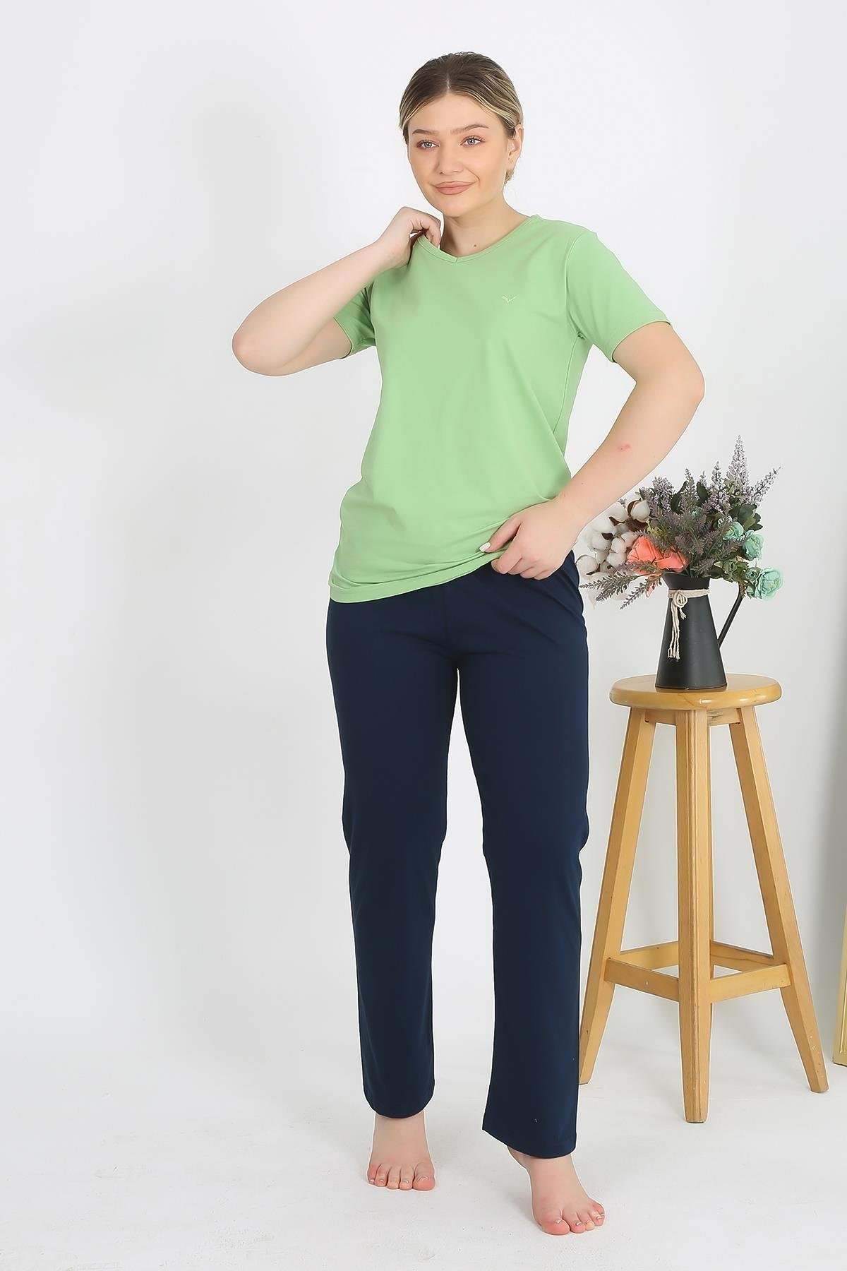 Celira Kadın Kısa Kol Pamuk Penye Pijama Takım Fıstık Yeşili 4215