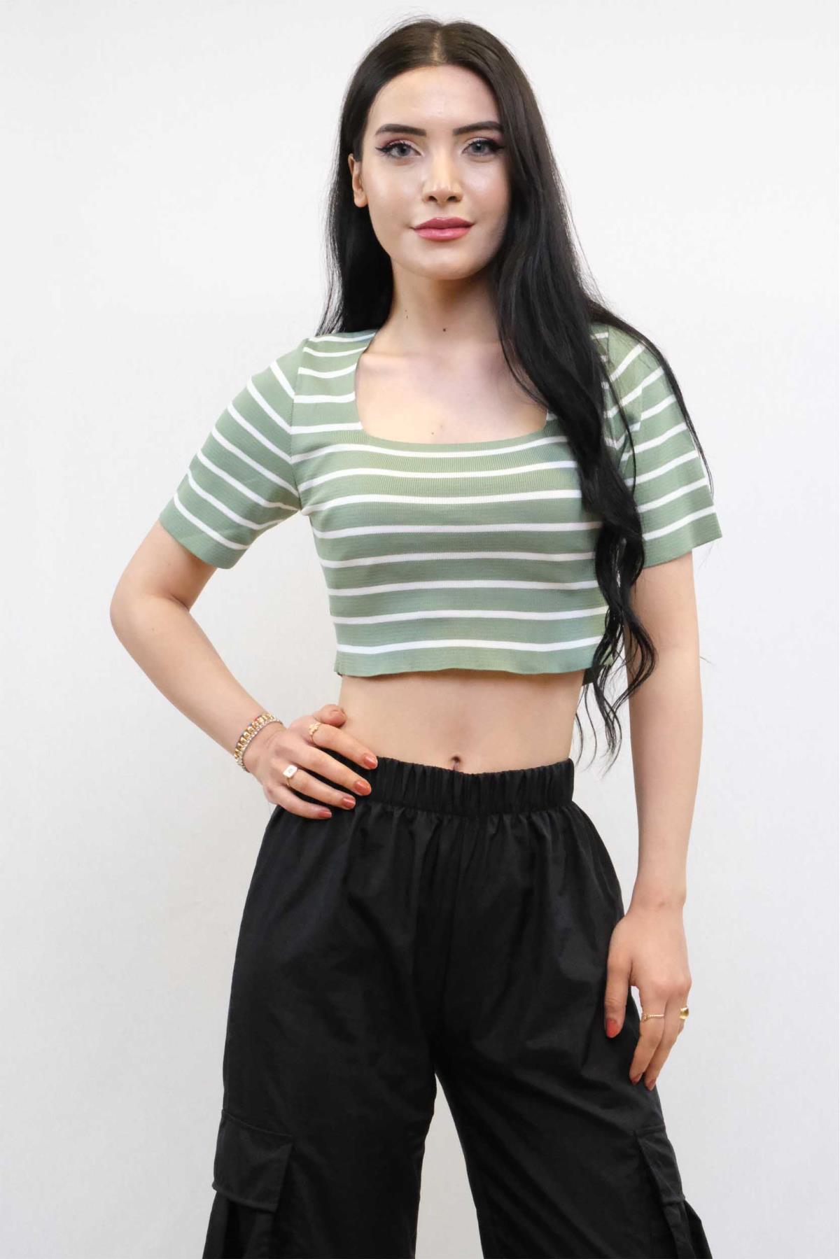 Celira Triko Crop Çizgili Mint