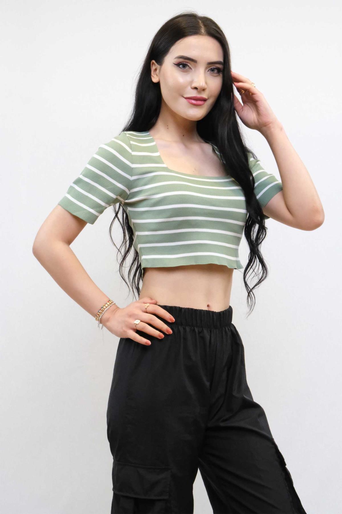 Celira Triko Crop Çizgili Mint