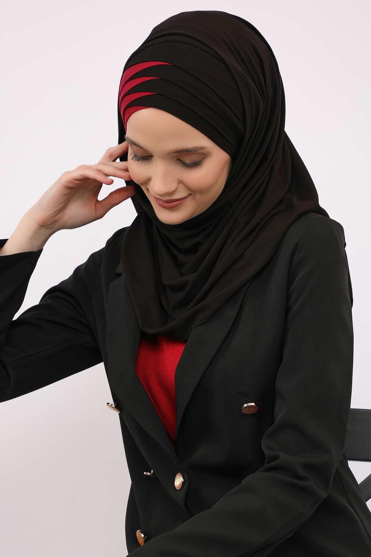 Çift Renkli Tak Çık Pratik Penye Şal,CPS-49,CPS-49 Siyah - Bordo