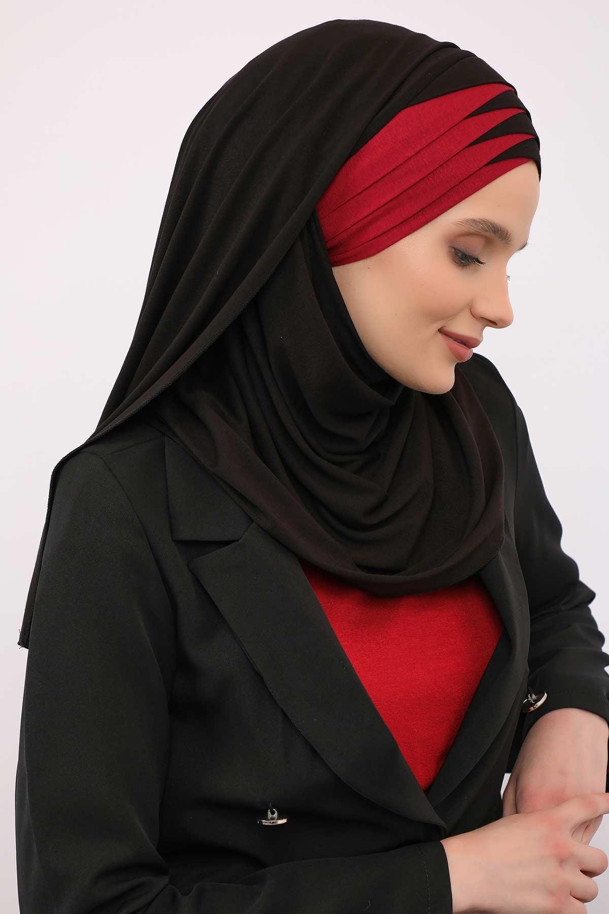 Çift Renkli Tak Çık Pratik Penye Şal,CPS-49,CPS-49 Siyah - Bordo