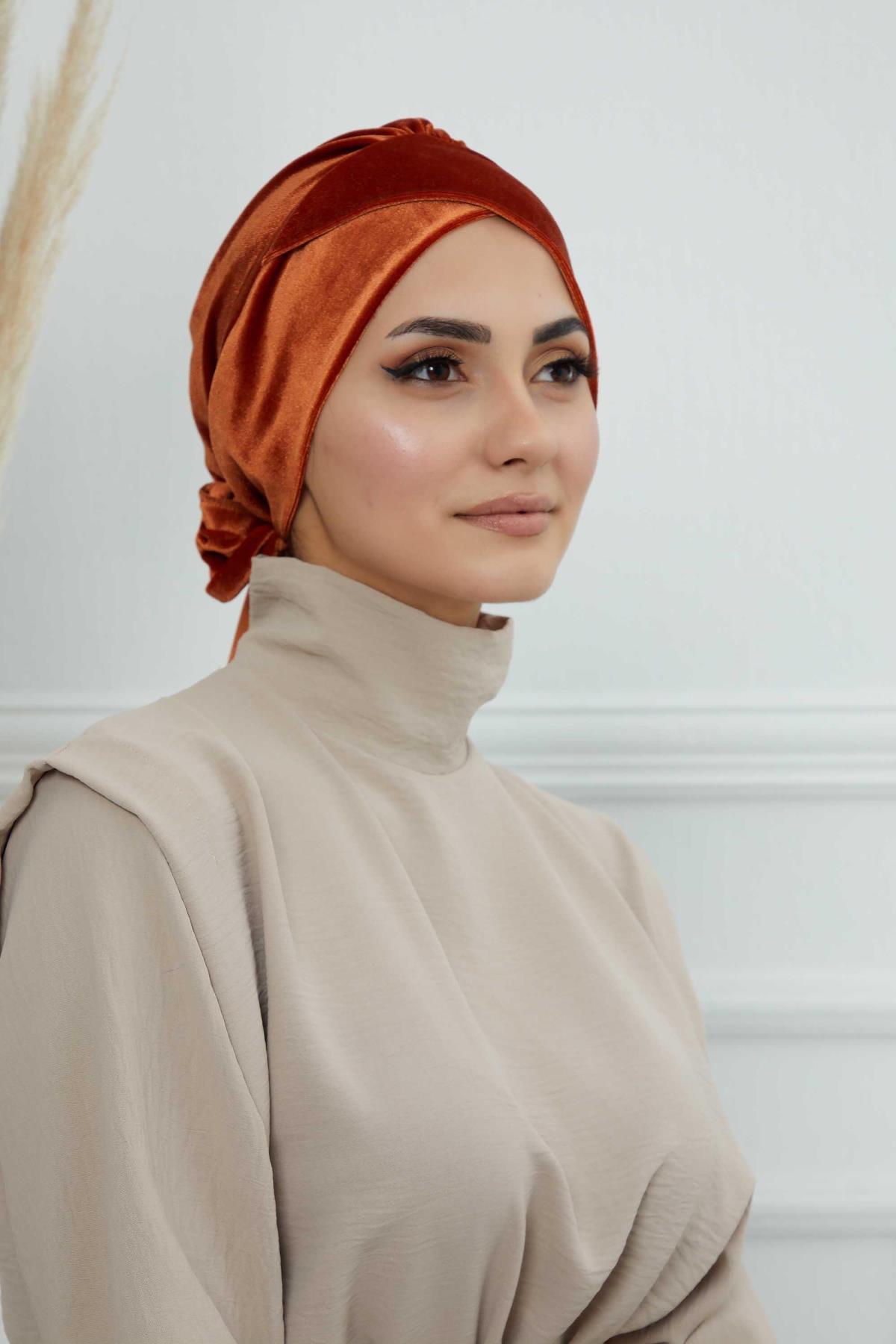Kuşaklı Kadife Bone,B-31K Kiremit