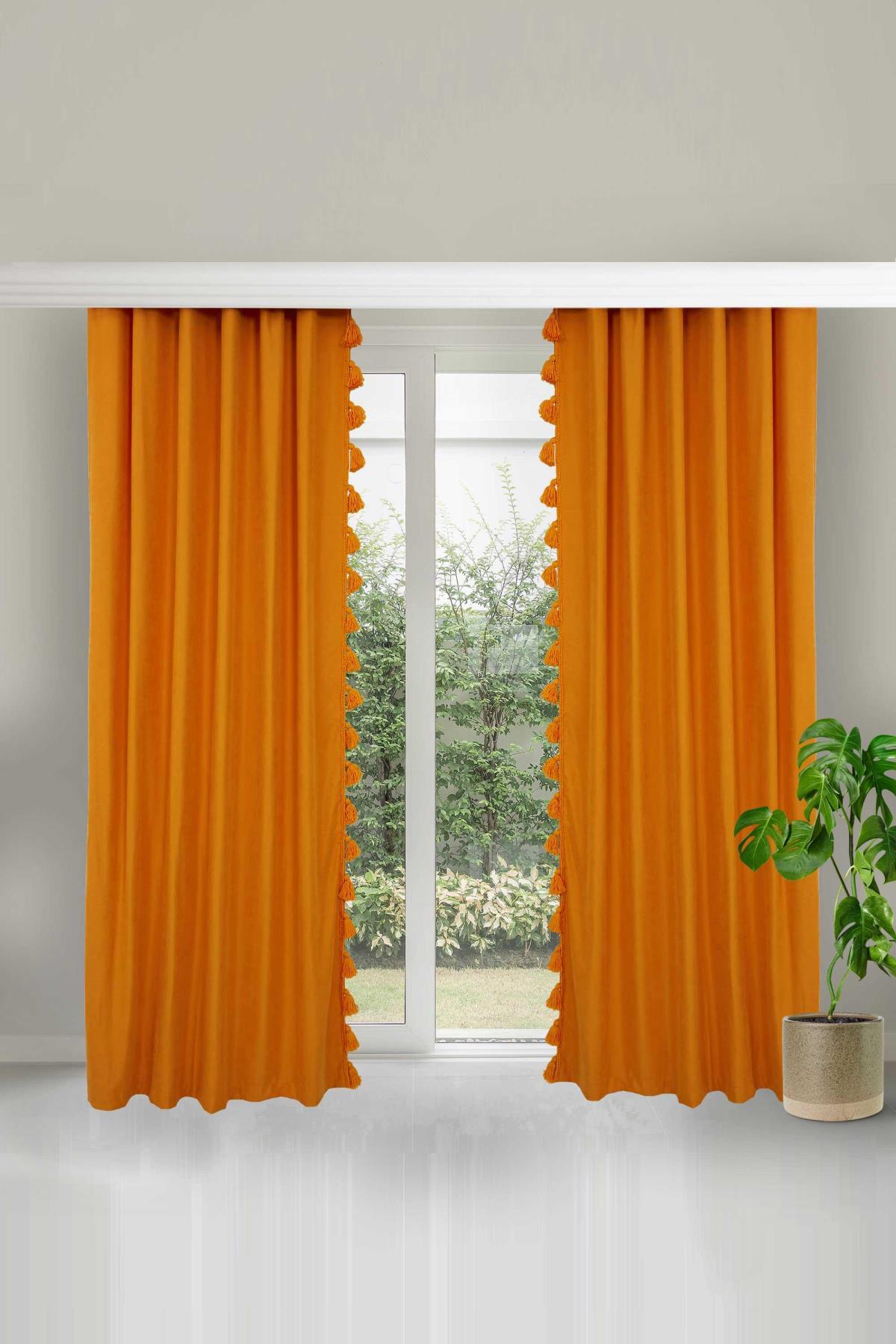Püskül Kenarlı Fon Perde 245x140 cm Çift Kenar,PR-1 Turuncu