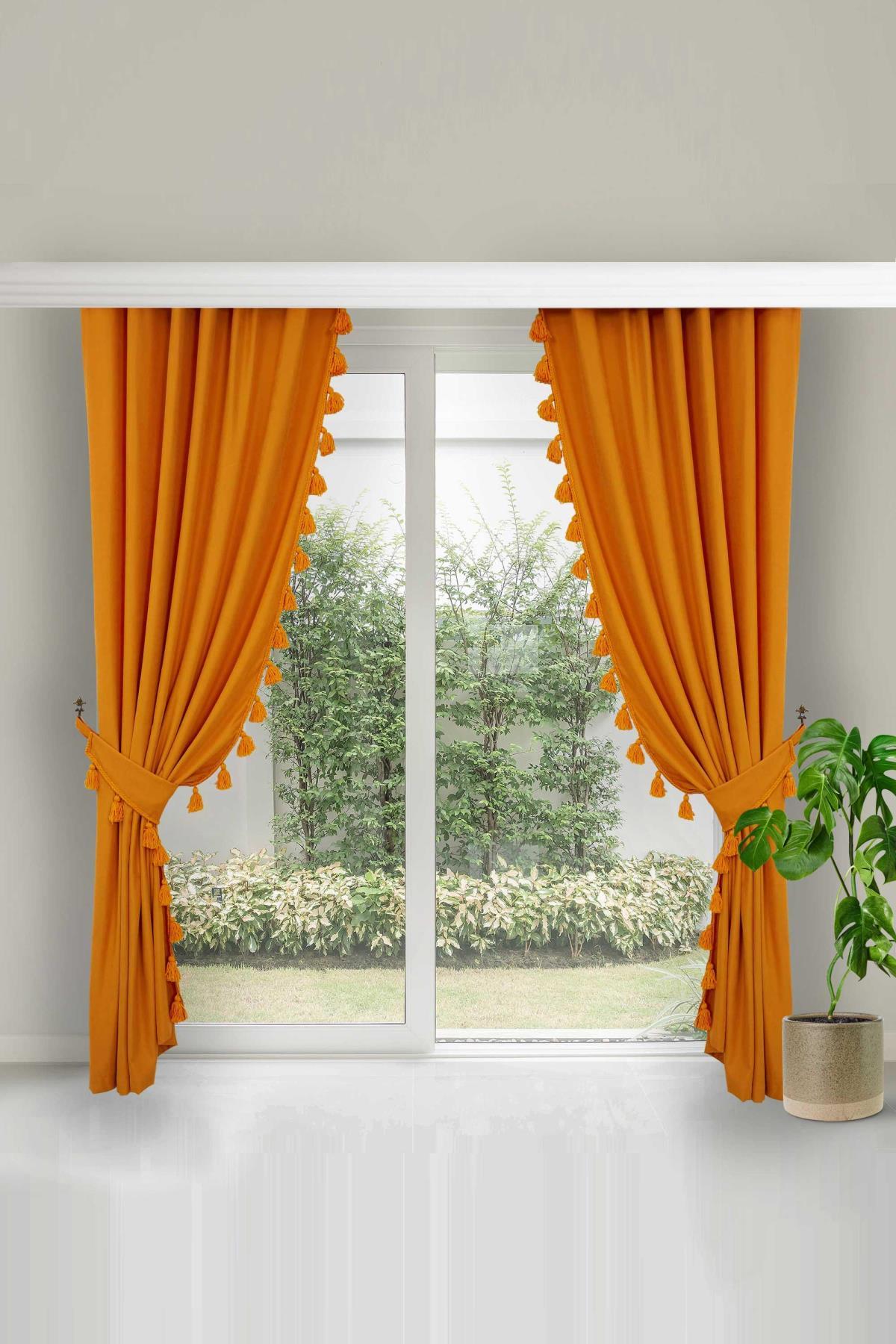 Püskül Kenarlı Fon Perde 245x140 cm Çift Kenar,PR-1 Turuncu