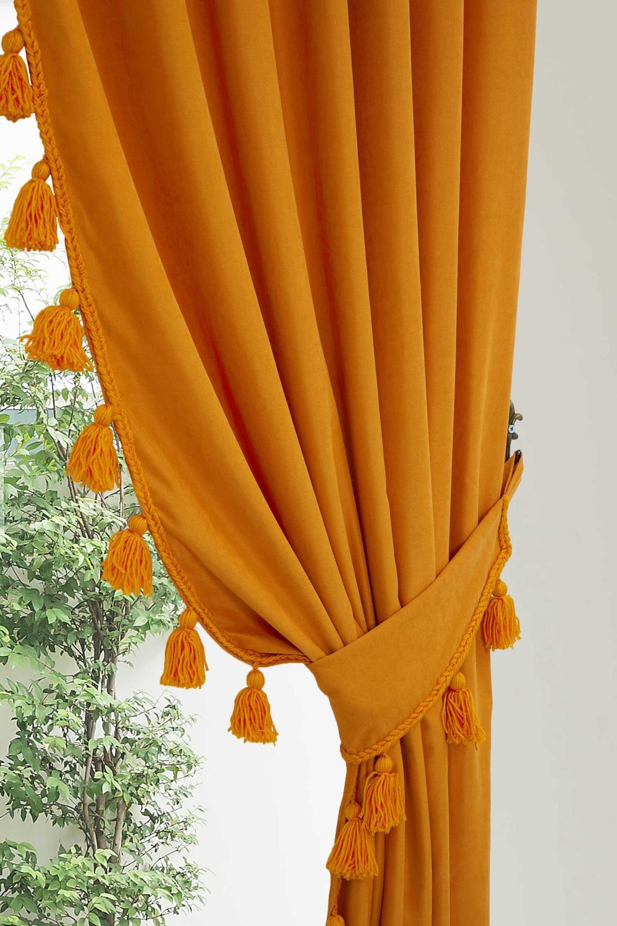 Püskül Kenarlı Fon Perde 245x140 cm Çift Kenar,PR-1 Turuncu