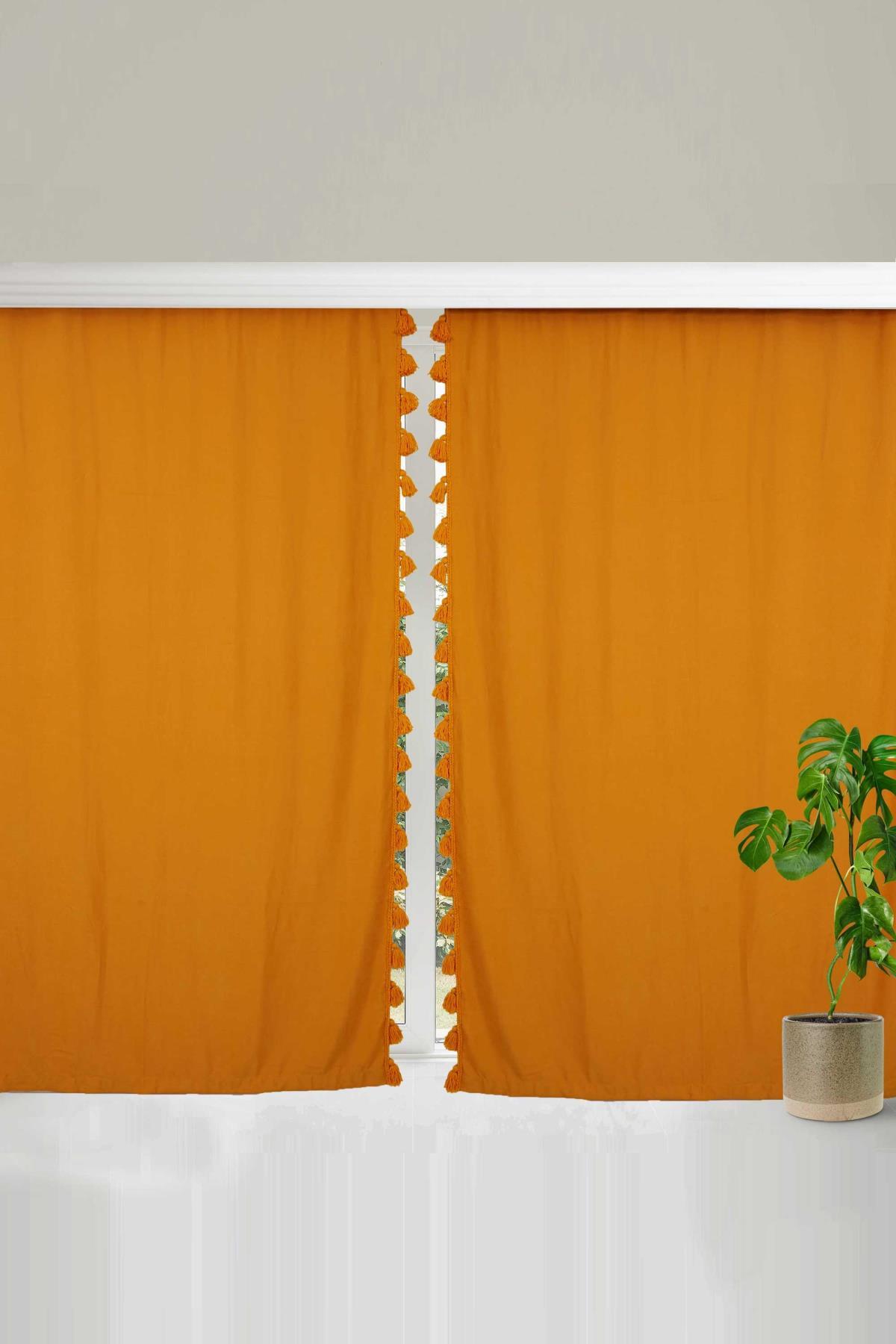 Püskül Kenarlı Fon Perde 245x140 cm Çift Kenar,PR-1 Turuncu