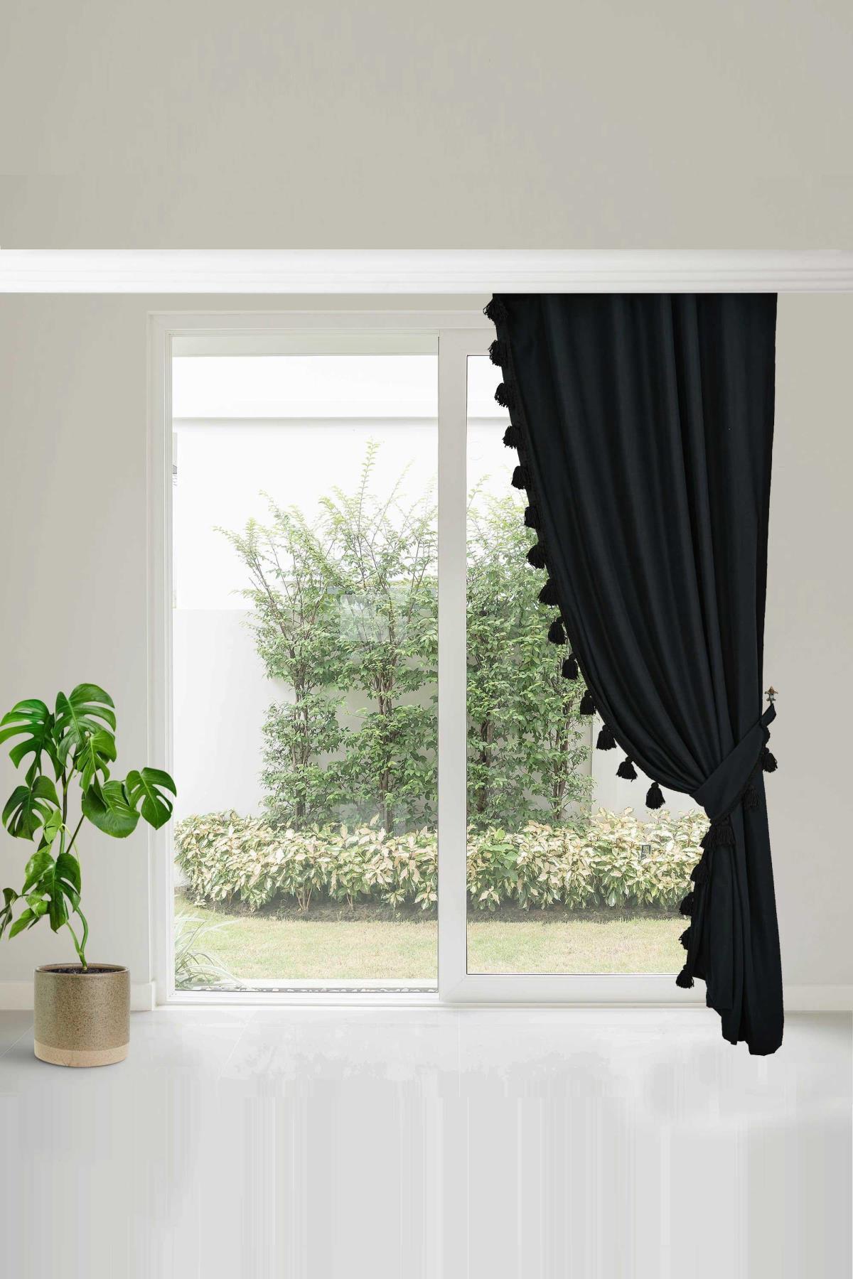 Püskül Kenarlı Fon Perde Sağ Kenar 245x140 cm,PR-1SAG Siyah