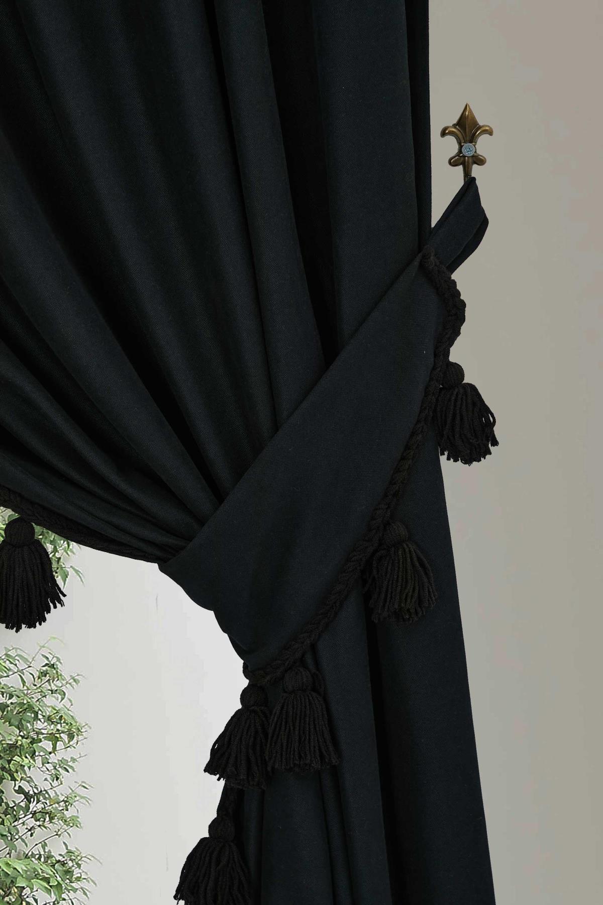 Püskül Kenarlı Fon Perde Sağ Kenar 245x140 cm,PR-1SAG Siyah