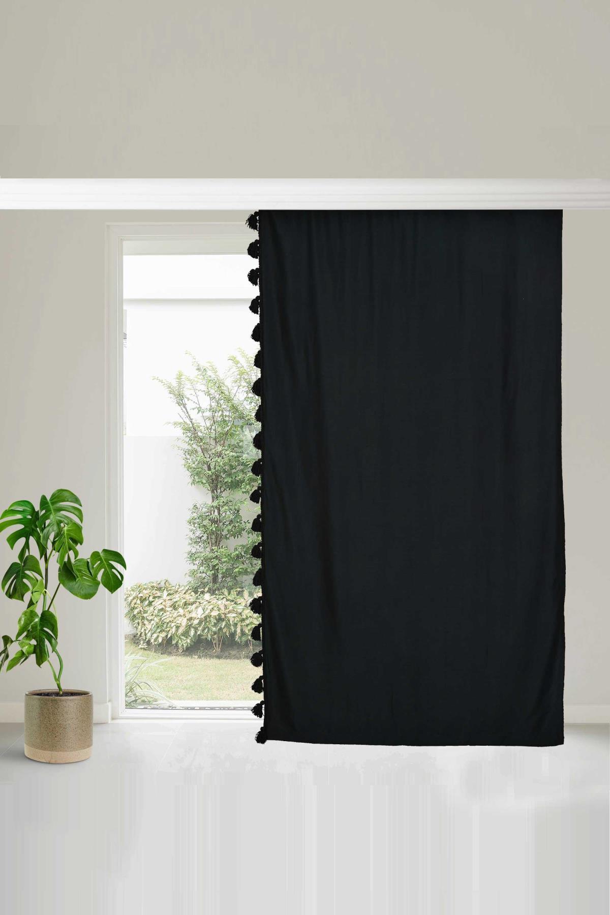 Püskül Kenarlı Fon Perde Sağ Kenar 245x140 cm,PR-1SAG Siyah