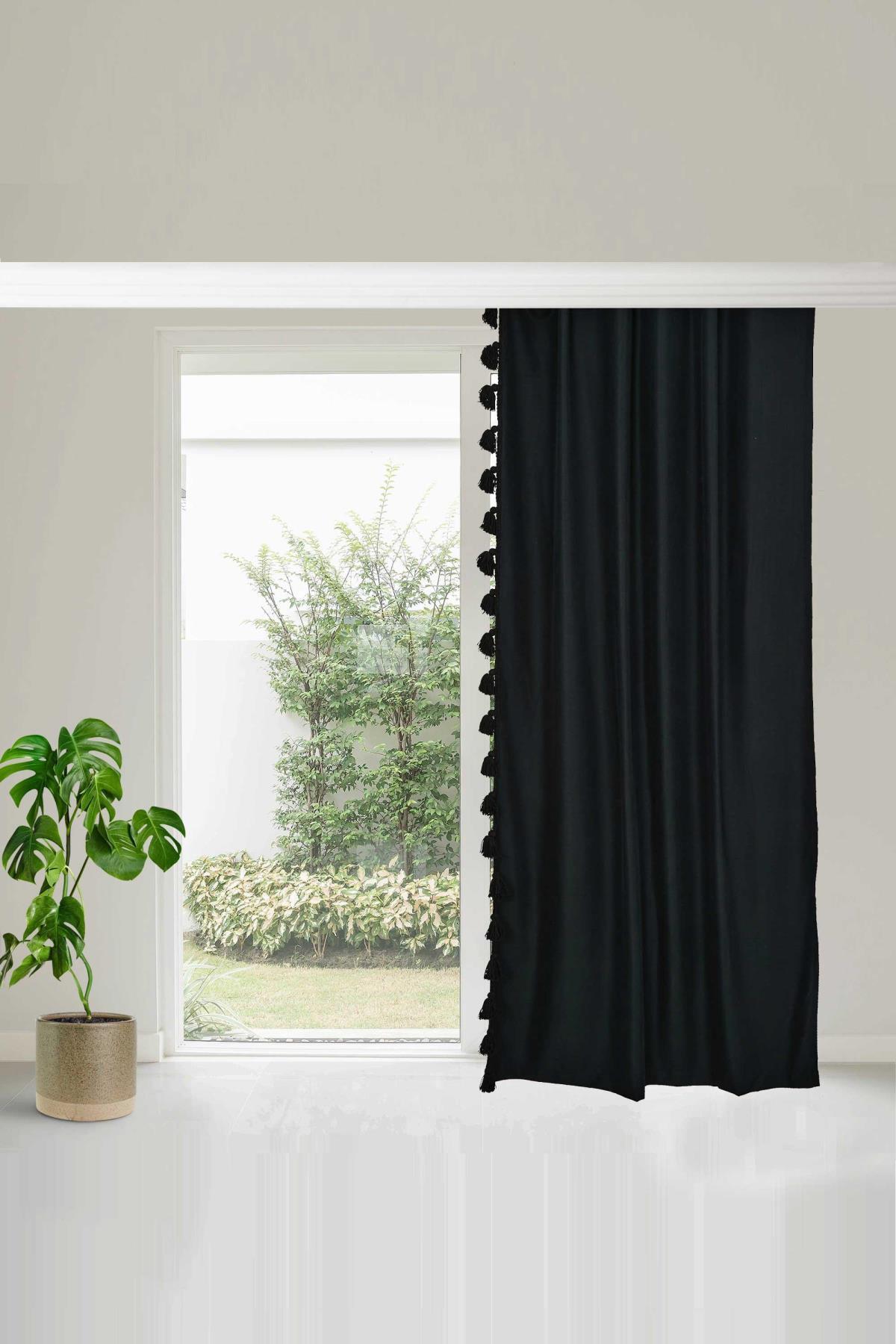 Püskül Kenarlı Fon Perde Sağ Kenar 245x140 cm,PR-1SAG Siyah