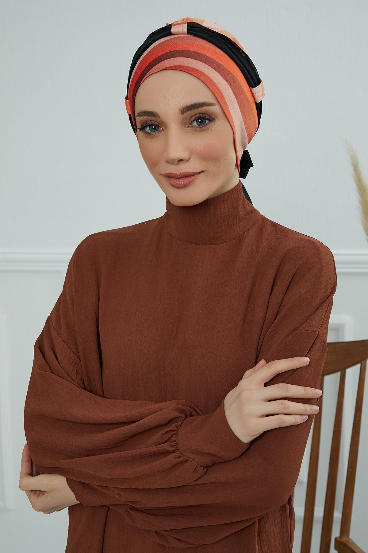 Şifon Kuşaklı Desenli Penye Bone,B-24YD Desen 35 - Siyah