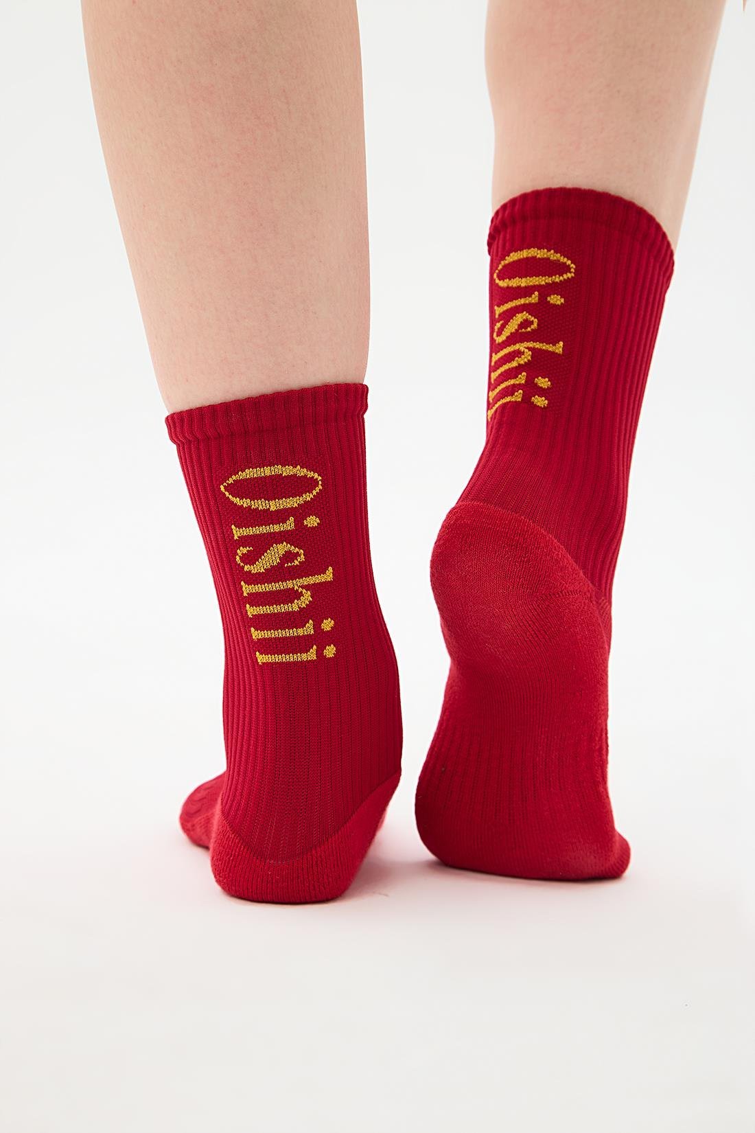 Oishii Spor Soket Çorap Yarım Havlu Dik Sarı Desen Kırmızı