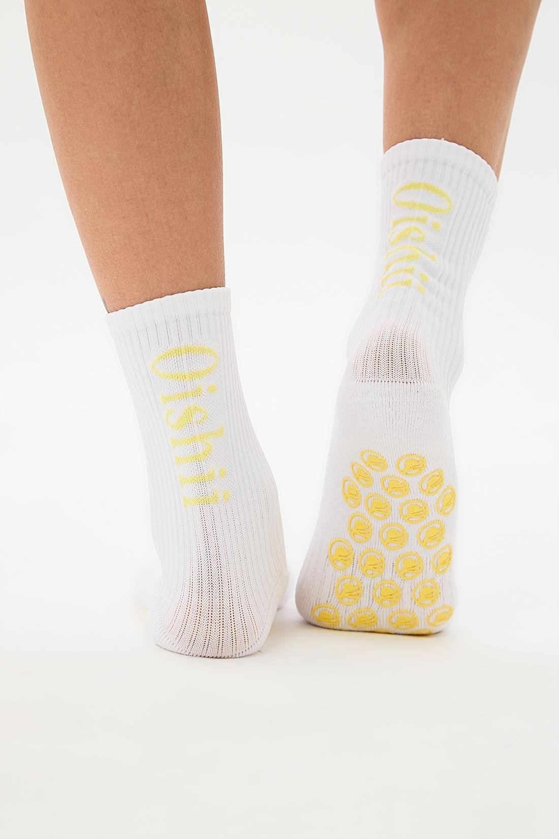 Oishii Yoga Soket Çorap Yarım Havlu Dikyazı Sarı Desen Beyaz