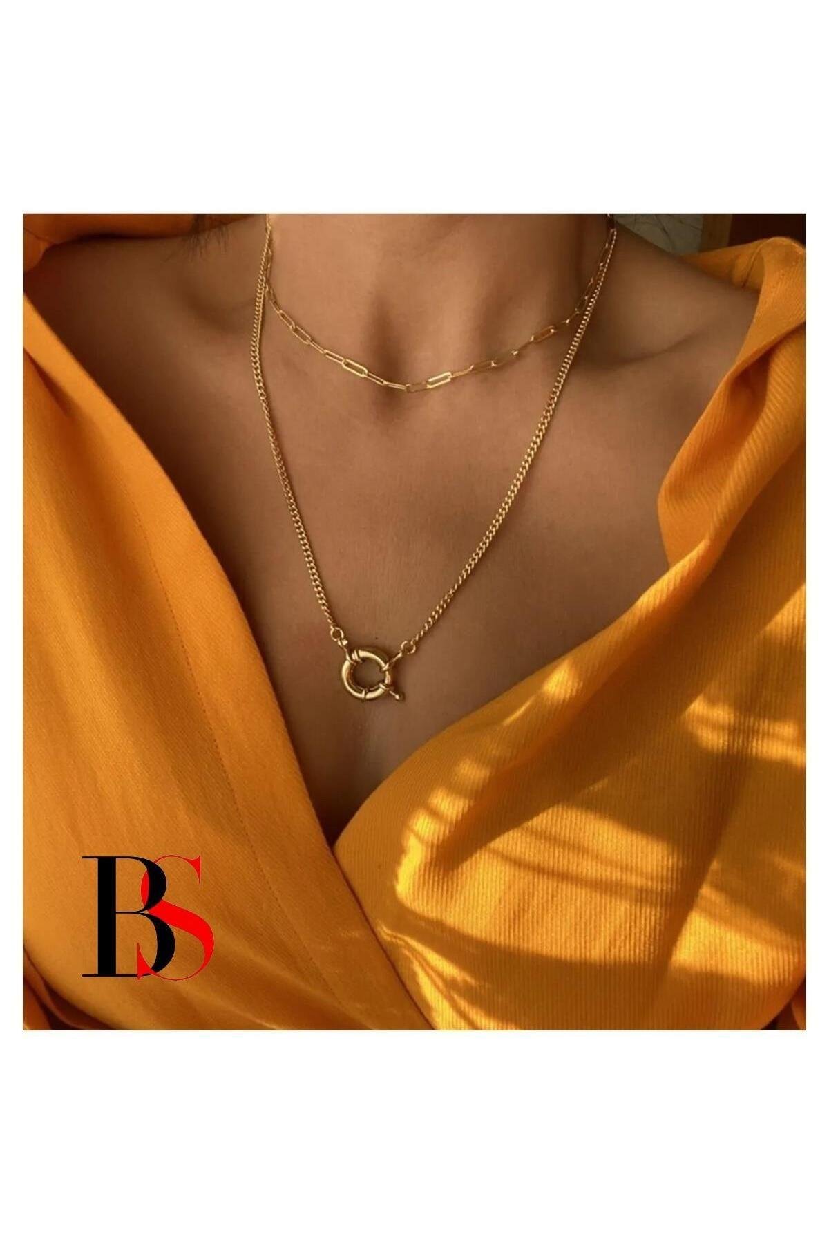 Altın Kaplama Halka Kilit & Zincir Ikili Kadın Choker Kolye
