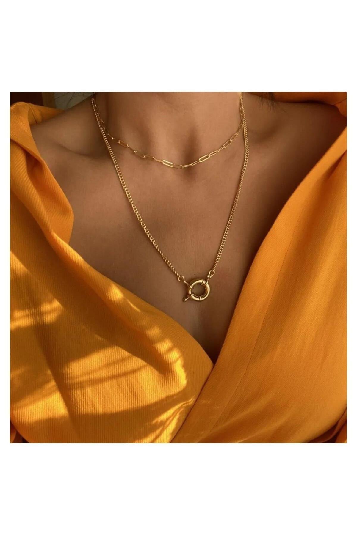 Altın Kaplama Halka Kilit & Zincir Ikili Kadın Choker Kolye