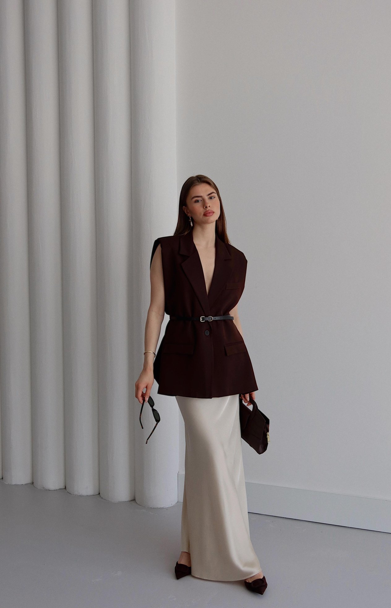Aylana Kemerli Blazer Yelek Kahve
