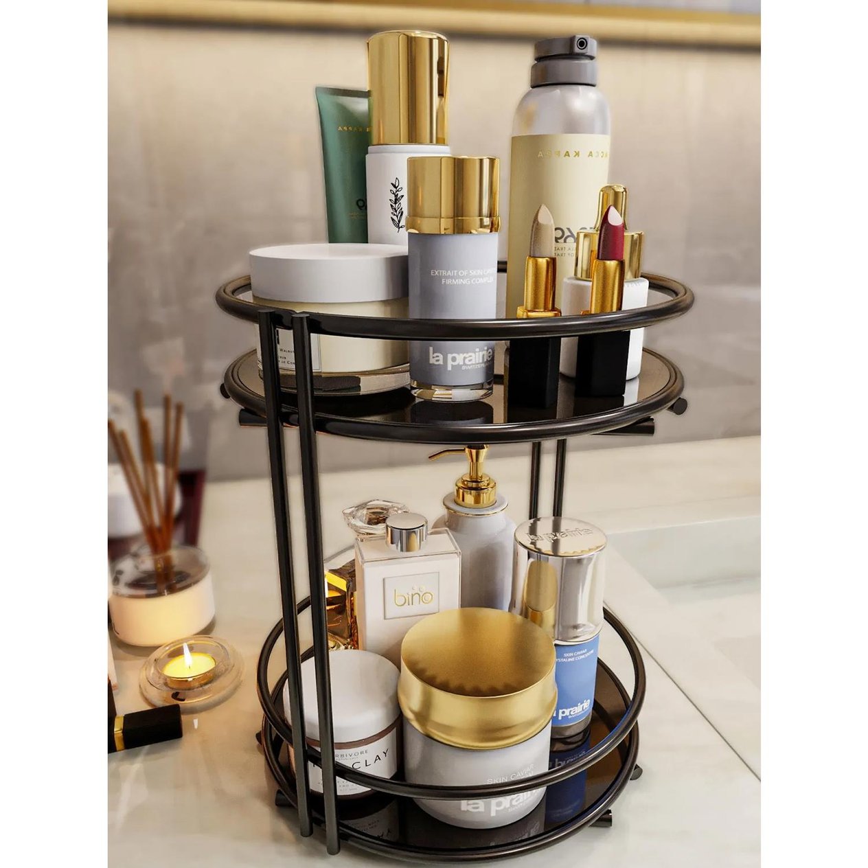 2 Katlı Banyo, Kozmetik Düzenleyici, Takı Standı, Organizer ve Çok Amaçlı  Servis Sunum Tepsisi, İkramlık 23CM SİYAH