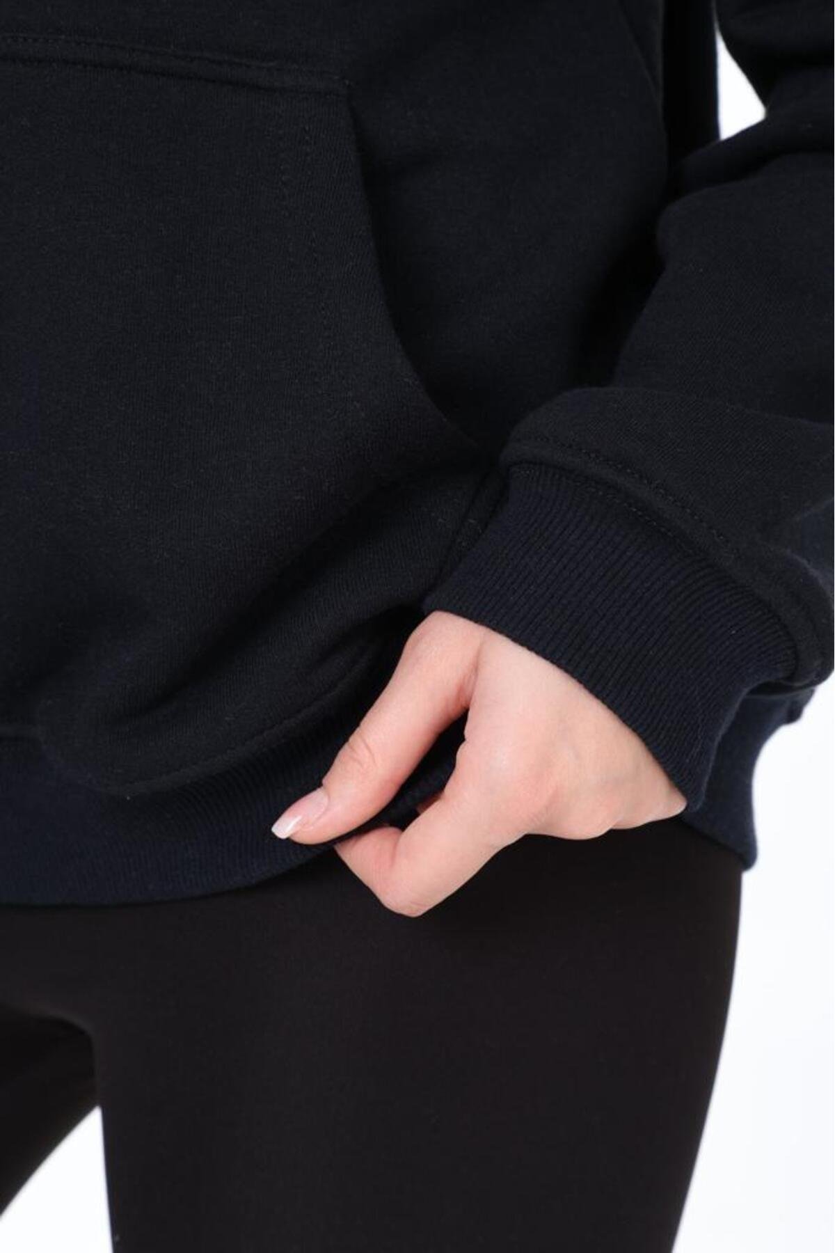 % 100 Pamuk Kadın Koyu Lacivert Şardonsuz Basic 3 iplik oversize kapüşonlu kangru cepli sweatshirt