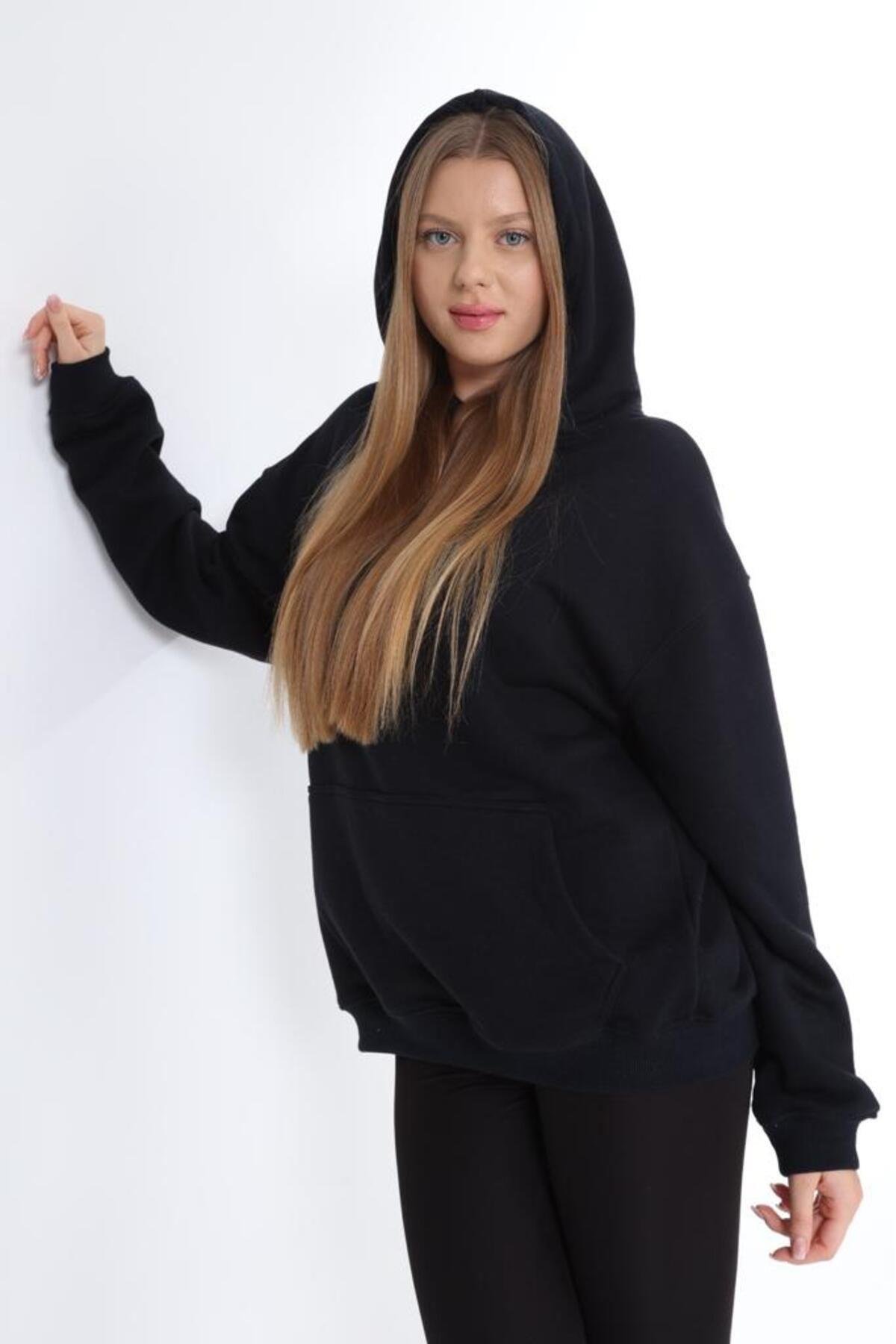 % 100 Pamuk Kadın Koyu Lacivert Şardonsuz Basic 3 iplik oversize kapüşonlu kangru cepli sweatshirt