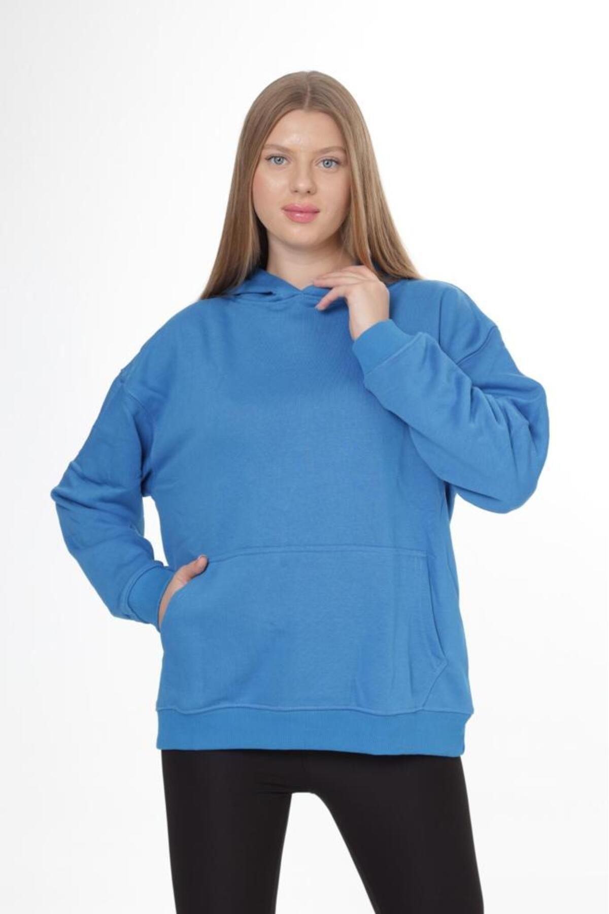 % 100 Pamuk Kadın Soft Mavi Basic 3 iplik oversize kapüşonlu kangru cepli sweatshirt