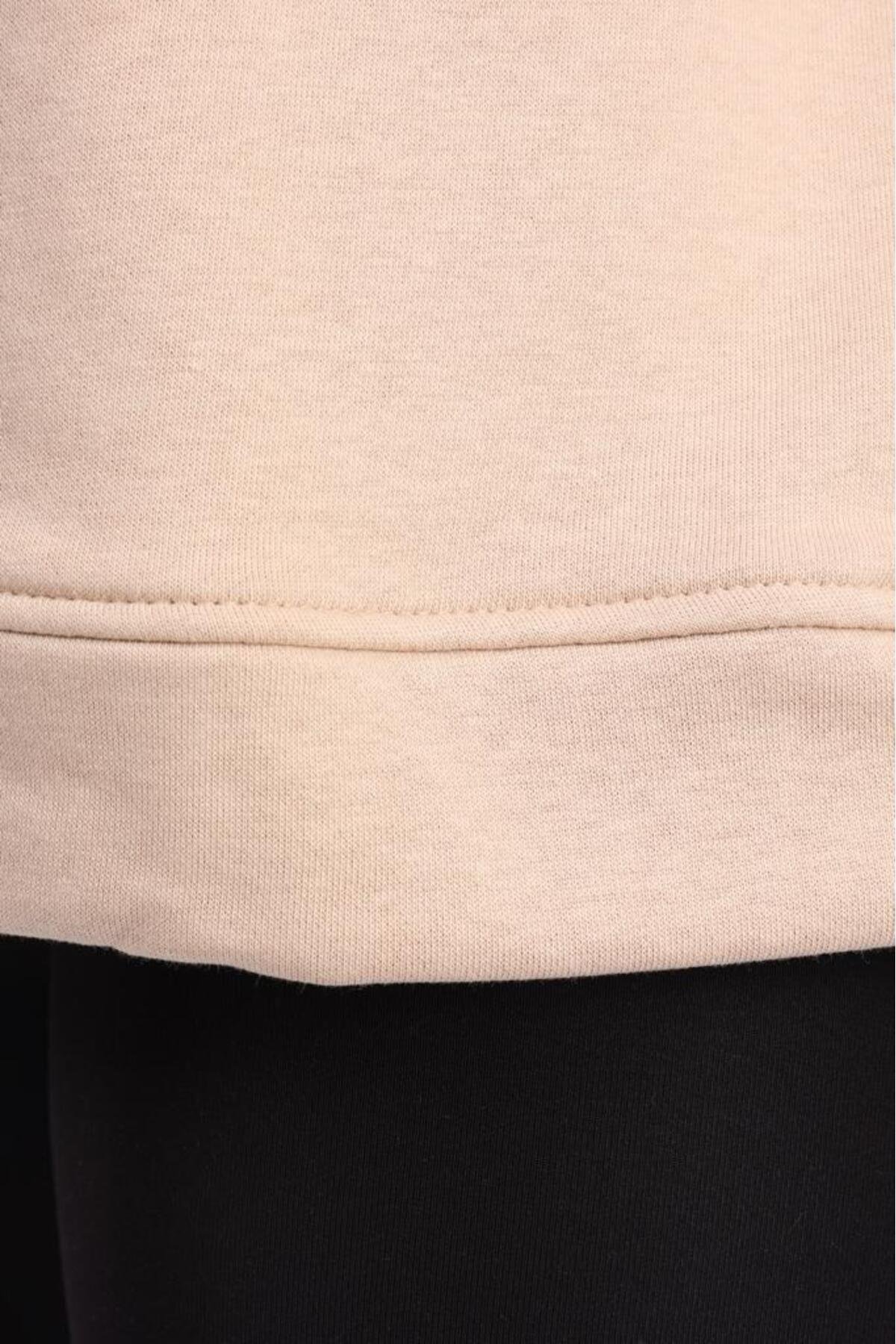 % 100 Pamuk Kadın Yumuşak Dokulu Bej Şardonsuz Basic 3 iplik oversize kapüşonlu sweatshirt