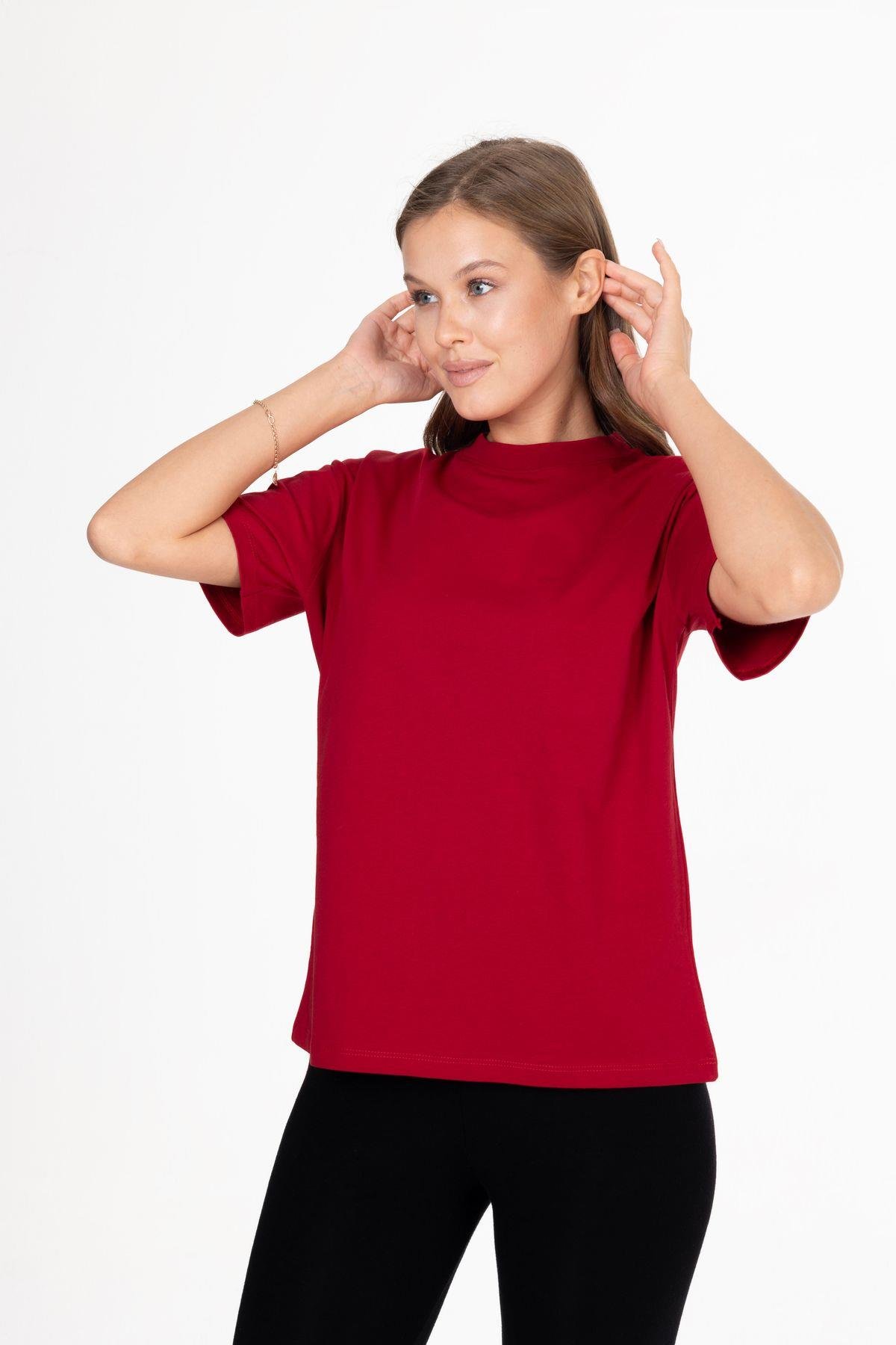 %100 Organik Pamuk Kadın Bordo Basic Ribana'lı Dik Yaka Örme T-shirt Yarım Balıkçı