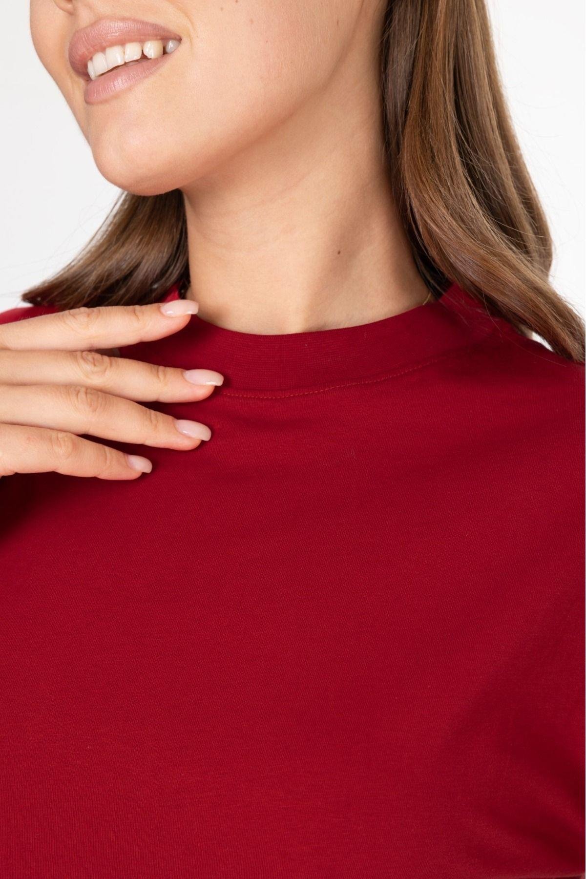 %100 Organik Pamuk Kadın Bordo Basic Ribana'lı Dik Yaka Örme T-shirt Yarım Balıkçı