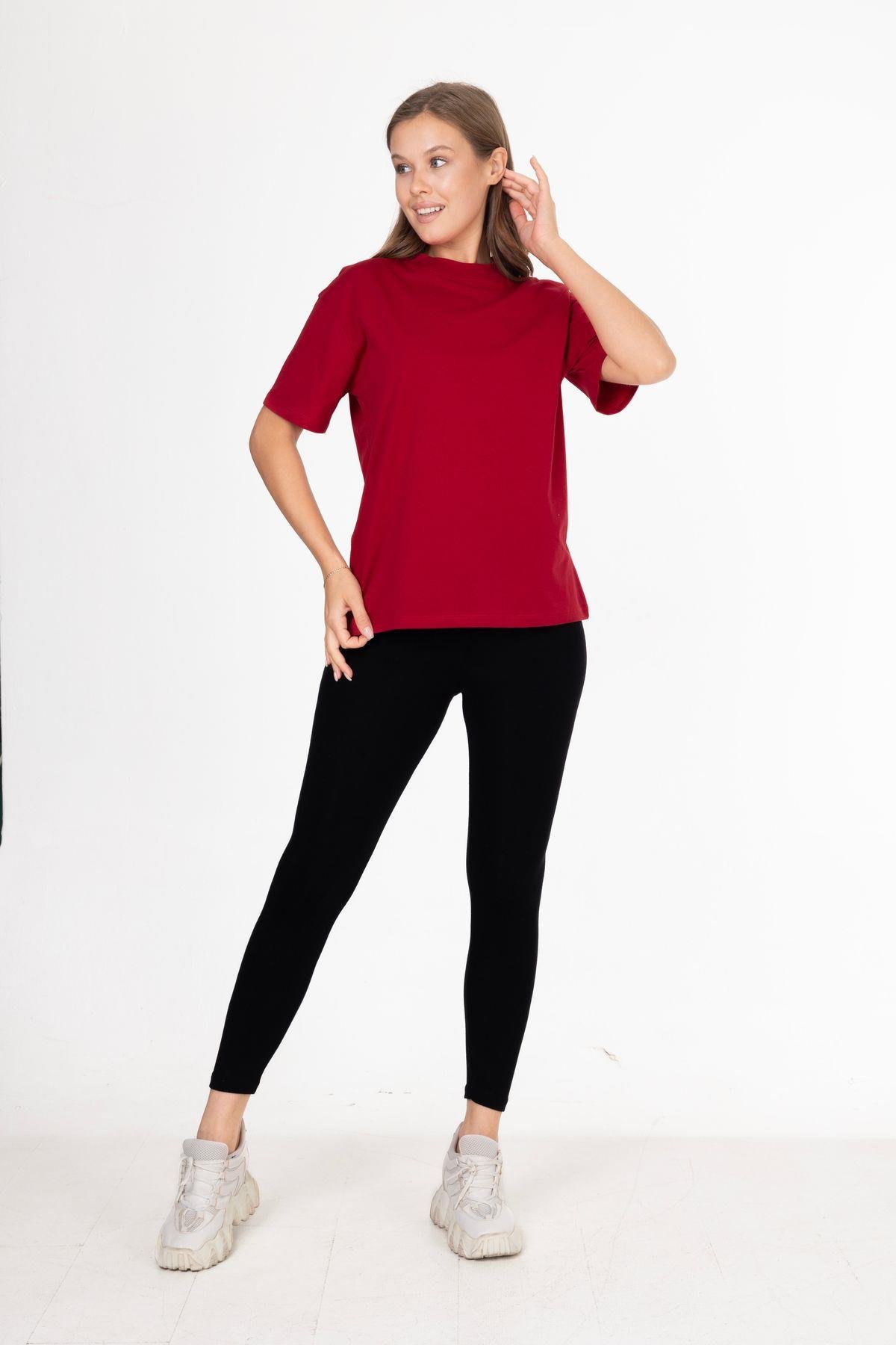 %100 Organik Pamuk Kadın Bordo Basic Ribana'lı Dik Yaka Örme T-shirt Yarım Balıkçı