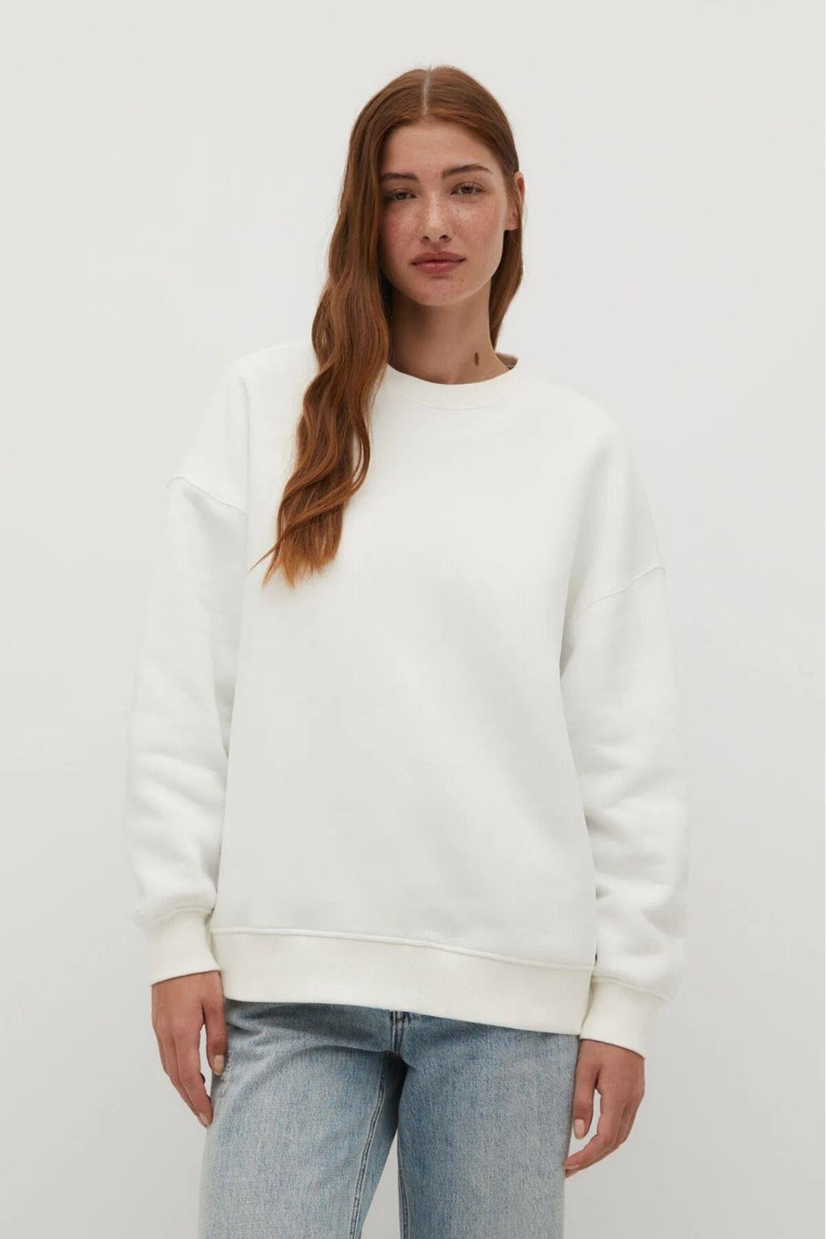 %100 Pamuk Kadın Ekru 3 iplik Basic Oversize bisiklet yaka uzun kol sweatshirt Yüksek Kalite