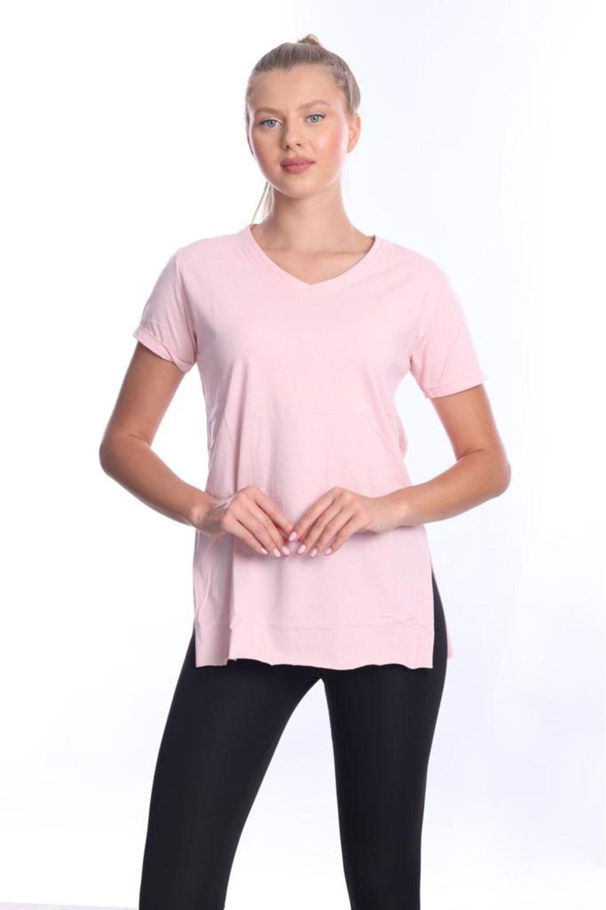%100 Pamuk Kadın Pembe V yaka yanı yırtmaçlı asimetrik penye pamuk örme T-shirt tişört tunik