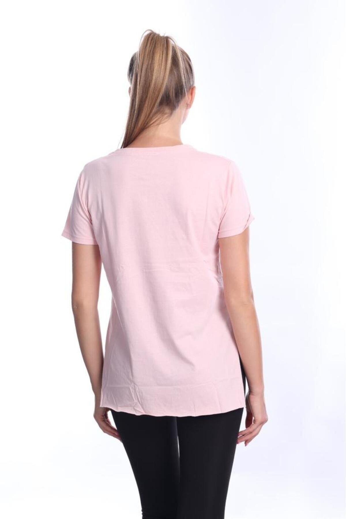 %100 Pamuk Kadın Pembe V yaka yanı yırtmaçlı asimetrik penye pamuk örme T-shirt tişört tunik