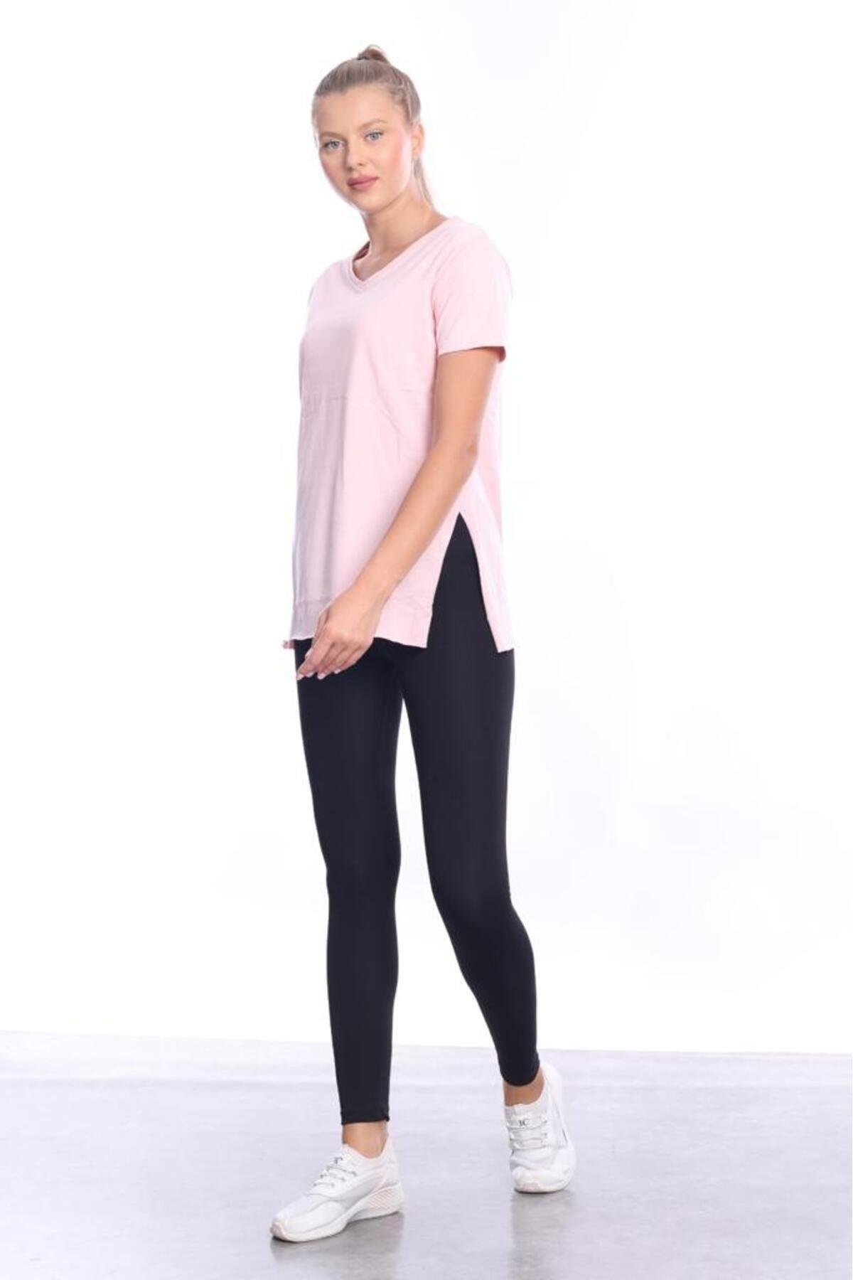 %100 Pamuk Kadın Pembe V yaka yanı yırtmaçlı asimetrik penye pamuk örme T-shirt tişört tunik
