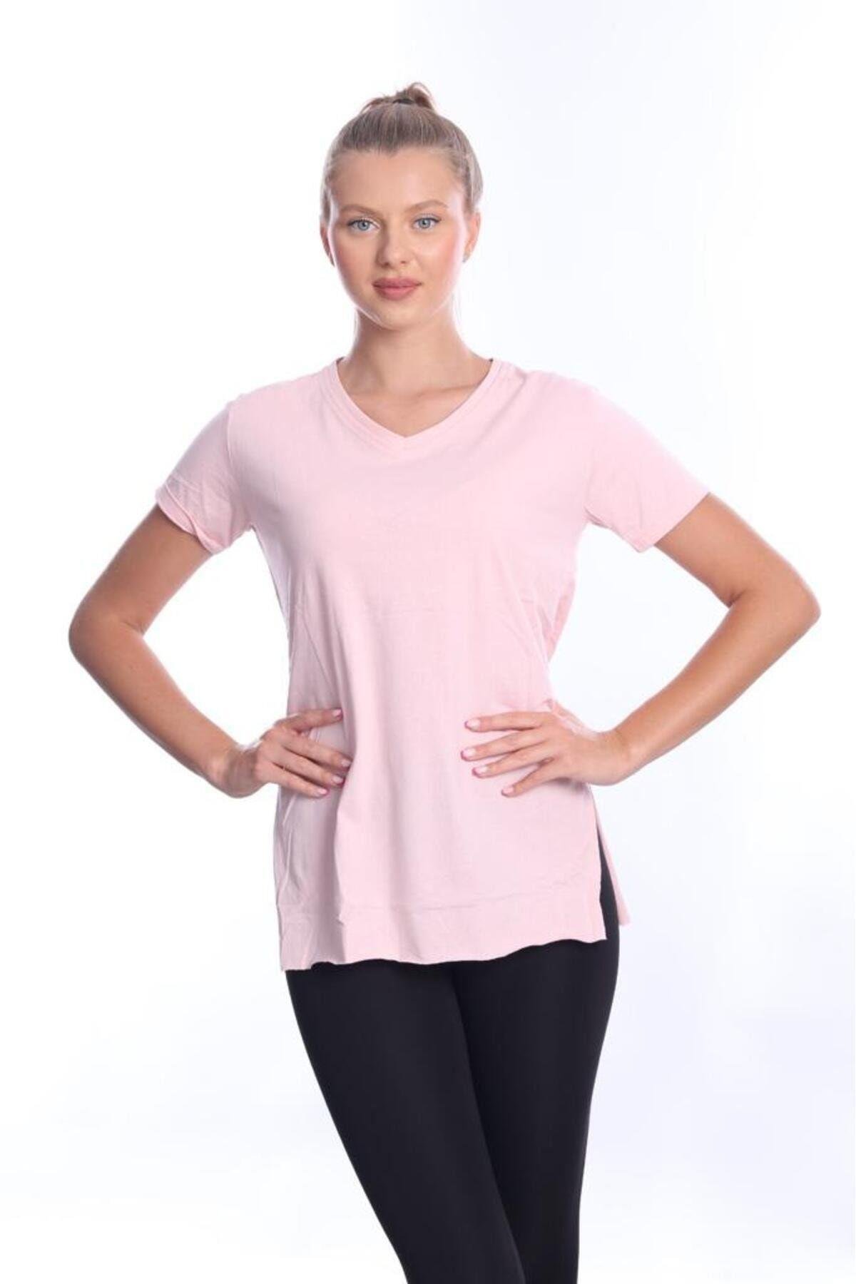 %100 Pamuk Kadın Pembe V yaka yanı yırtmaçlı asimetrik penye pamuk örme T-shirt tişört tunik
