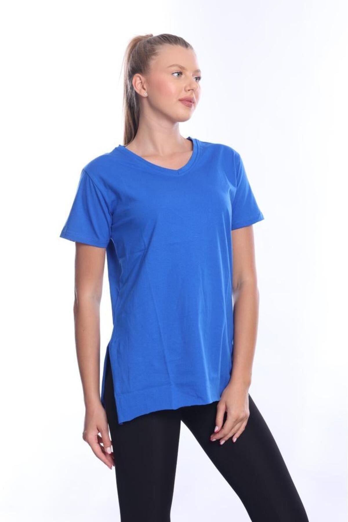%100 Pamuk Kadın Sax Mavisi V yaka yanı yırtmaçlı asimetrik penye pamuk örme T-shirt tişört tunik