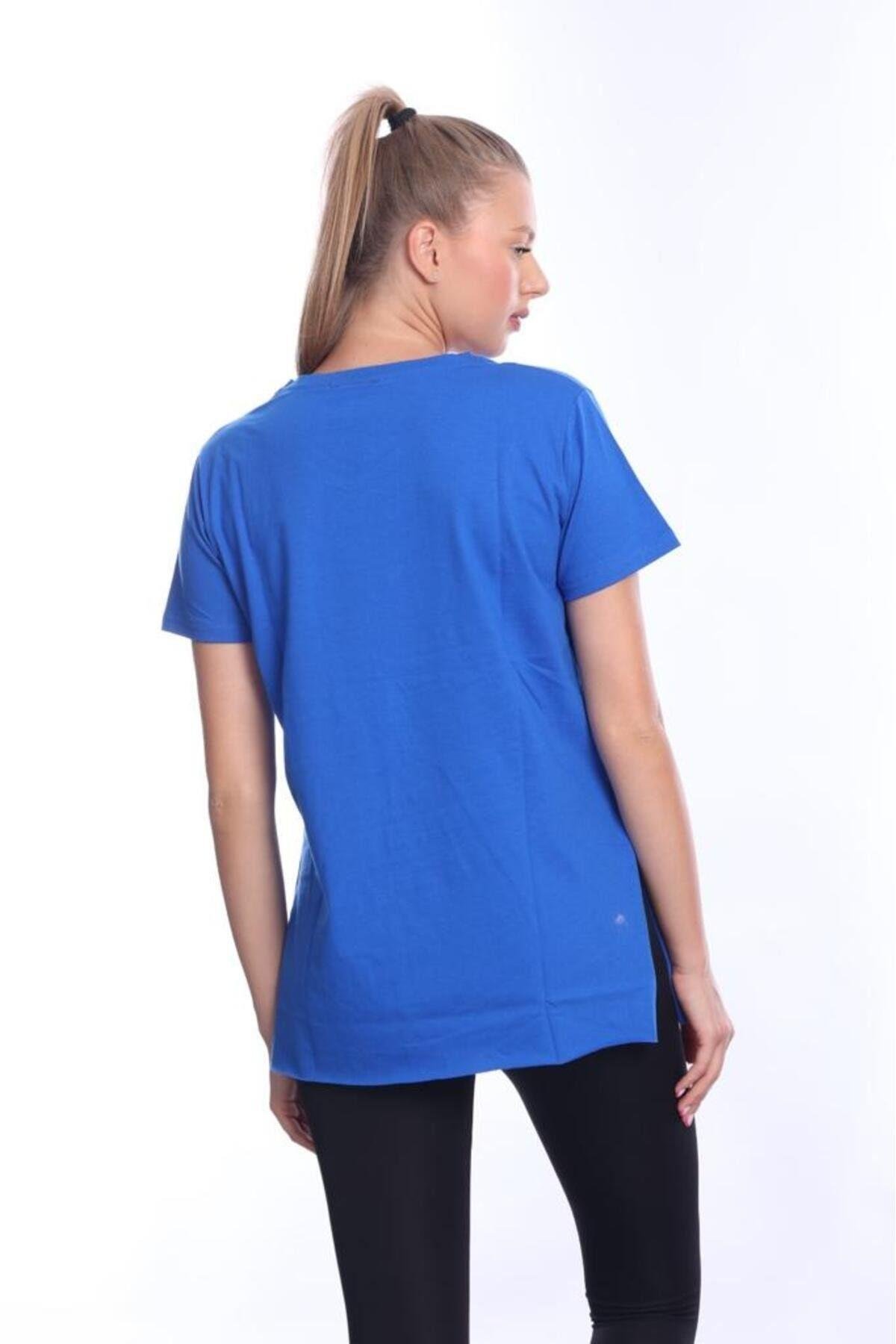 %100 Pamuk Kadın Sax Mavisi V yaka yanı yırtmaçlı asimetrik penye pamuk örme T-shirt tişört tunik