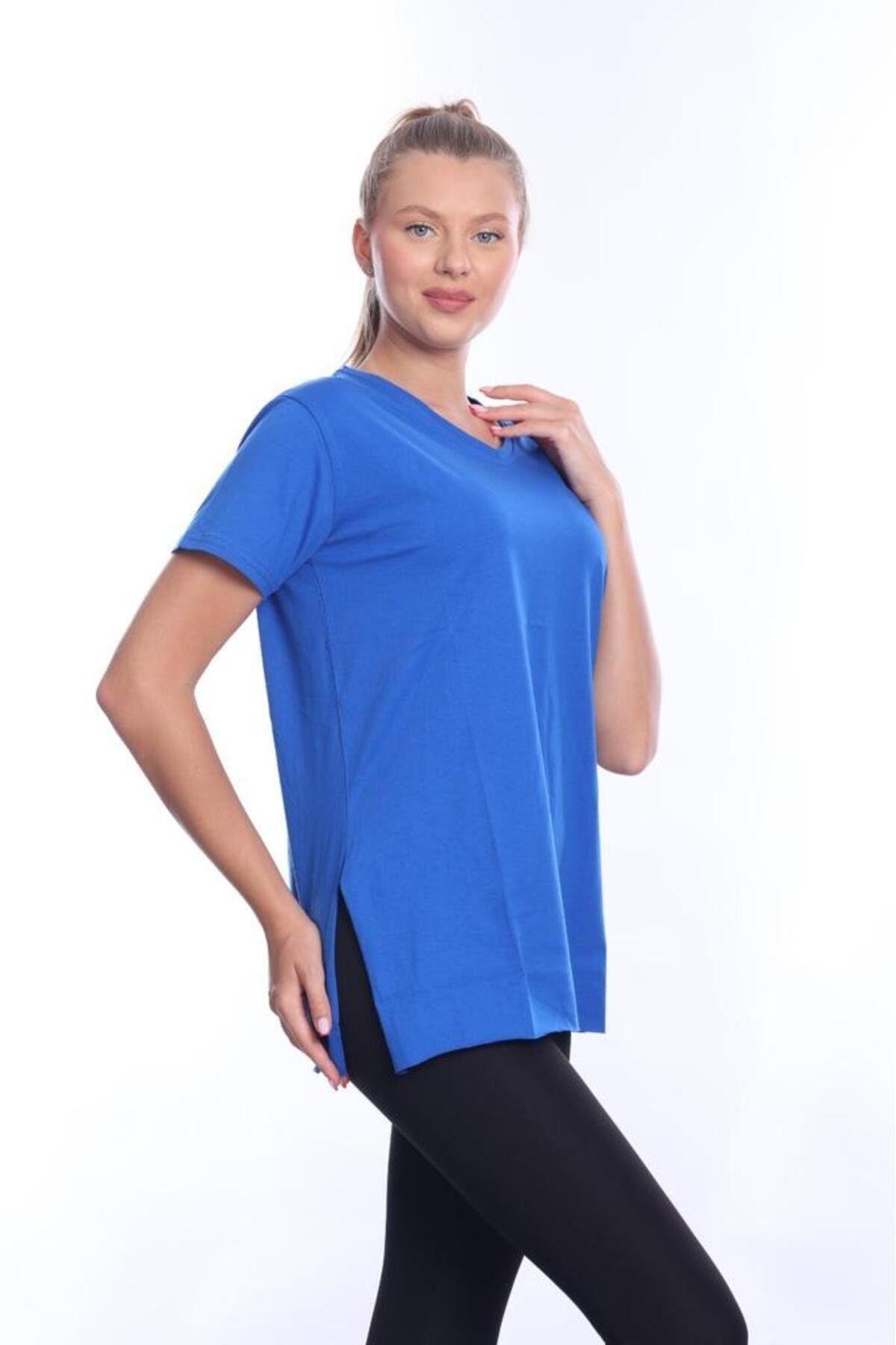 %100 Pamuk Kadın Sax Mavisi V yaka yanı yırtmaçlı asimetrik penye pamuk örme T-shirt tişört tunik