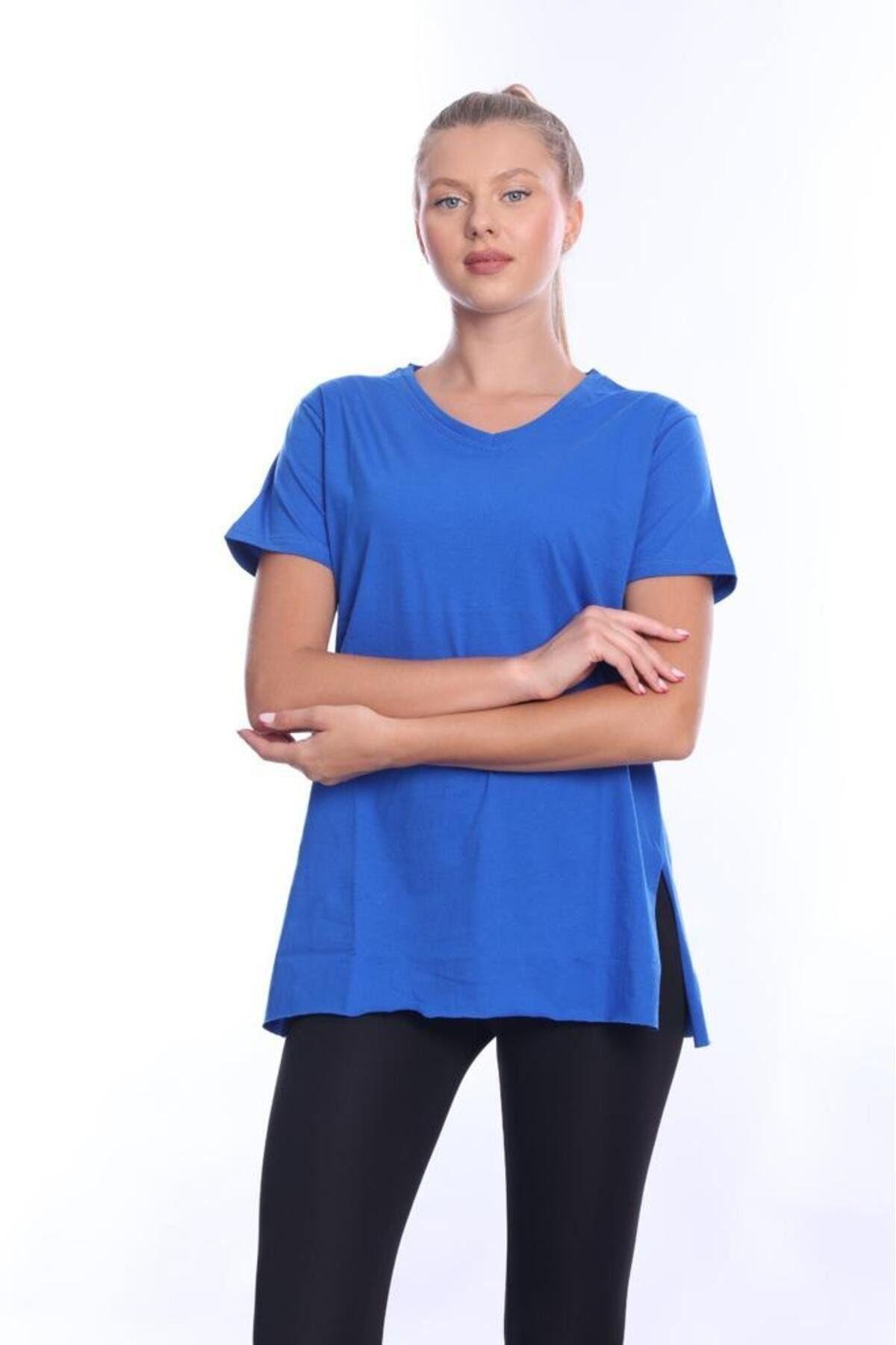 %100 Pamuk Kadın Sax Mavisi V yaka yanı yırtmaçlı asimetrik penye pamuk örme T-shirt tişört tunik