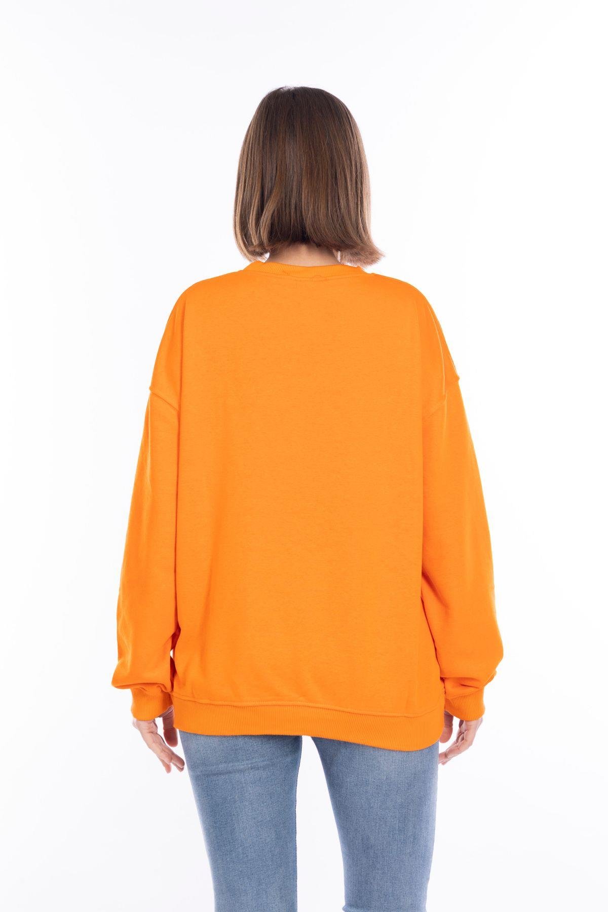 %100 Pamuk Kadın Turuncu 3iplik Basic Oversize bisiklet yaka uzun kol sweatshirt Yüksek Kalite oranj