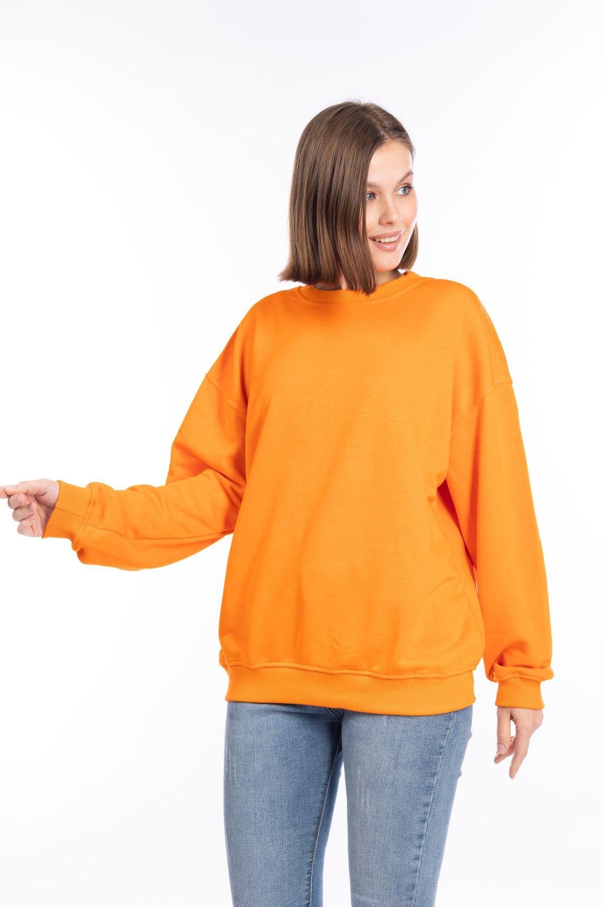 %100 Pamuk Kadın Turuncu 3iplik Basic Oversize bisiklet yaka uzun kol sweatshirt Yüksek Kalite oranj
