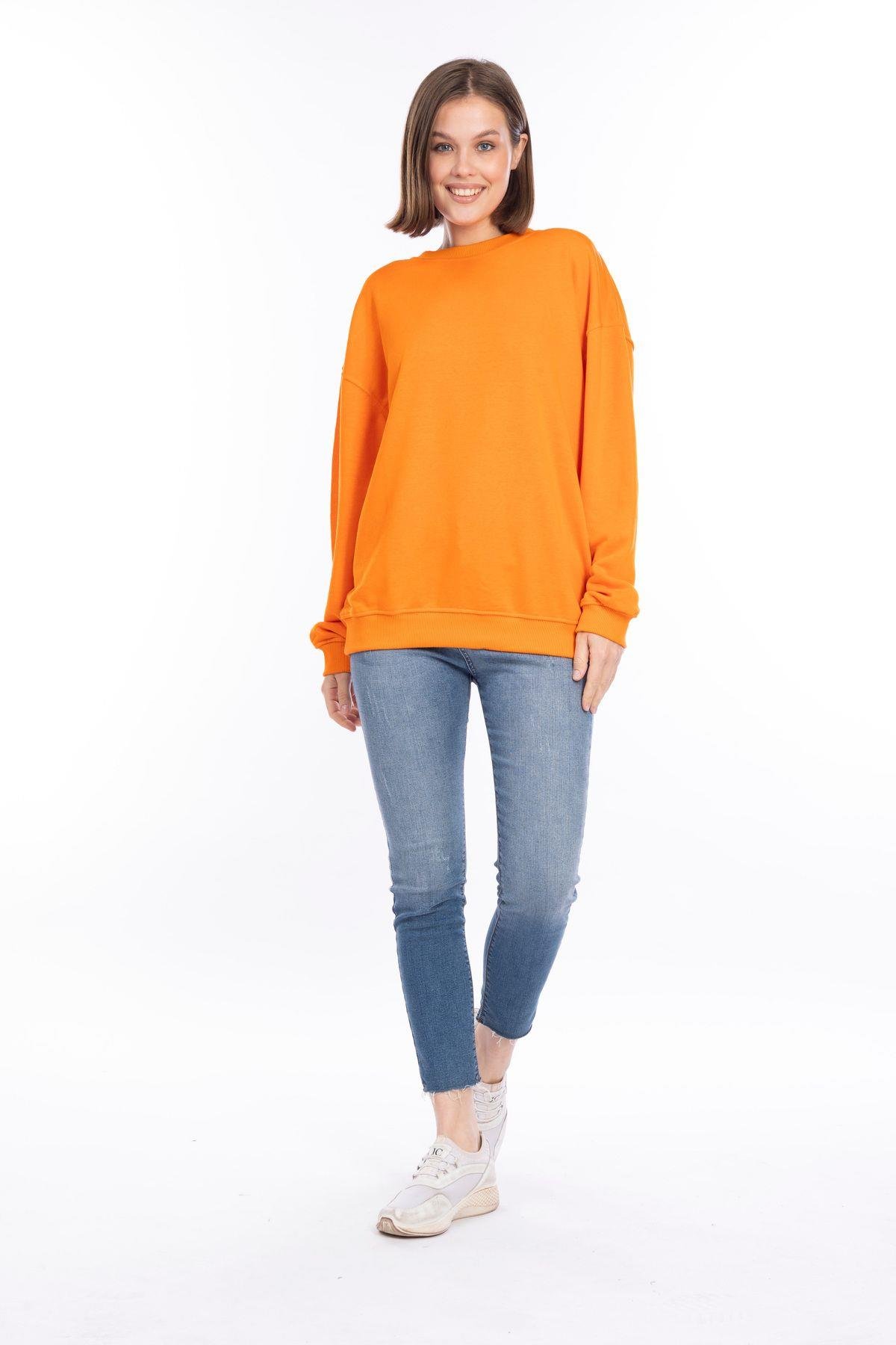 %100 Pamuk Kadın Turuncu 3iplik Basic Oversize bisiklet yaka uzun kol sweatshirt Yüksek Kalite oranj