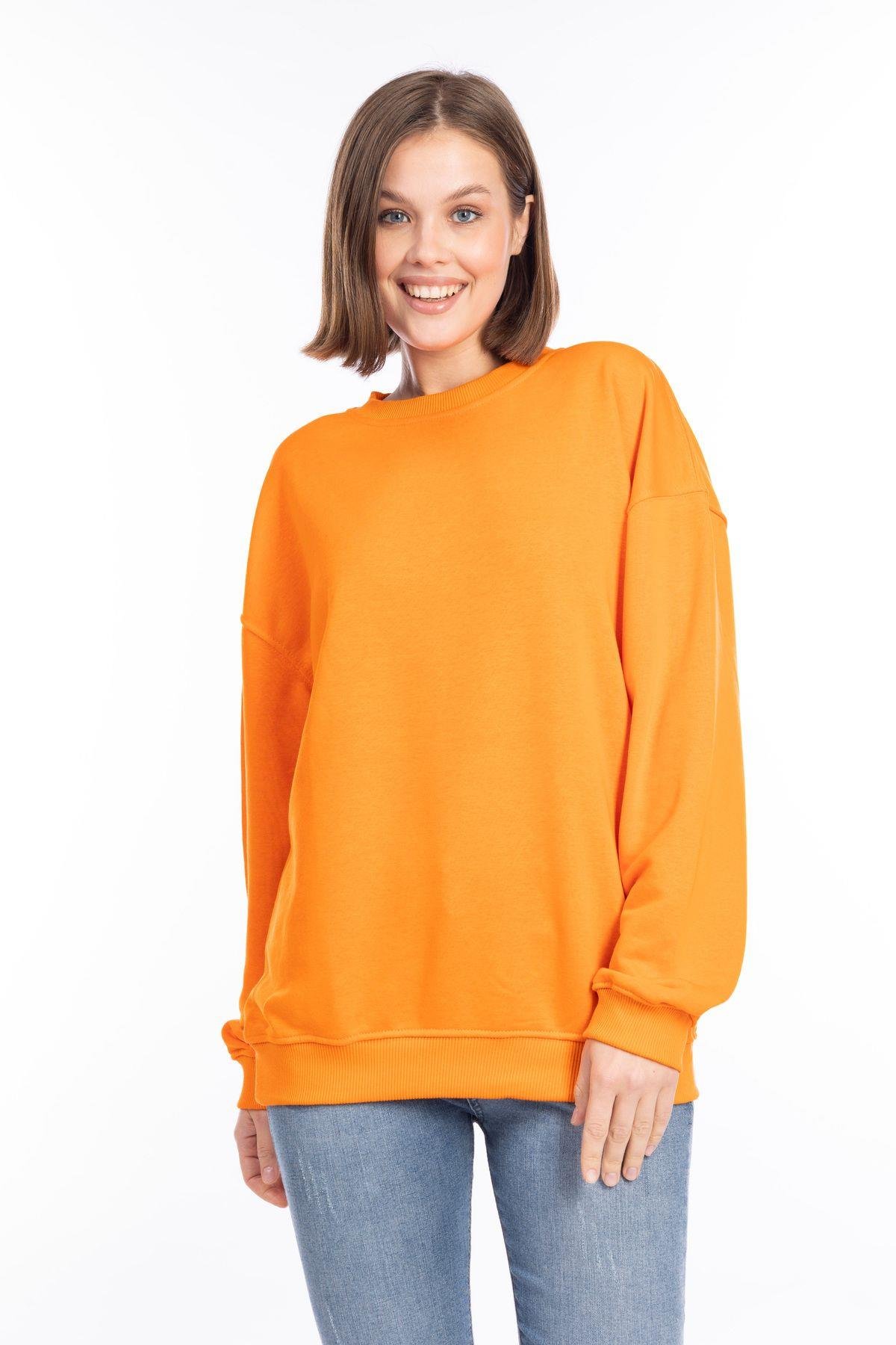 %100 Pamuk Kadın Turuncu 3iplik Basic Oversize bisiklet yaka uzun kol sweatshirt Yüksek Kalite oranj
