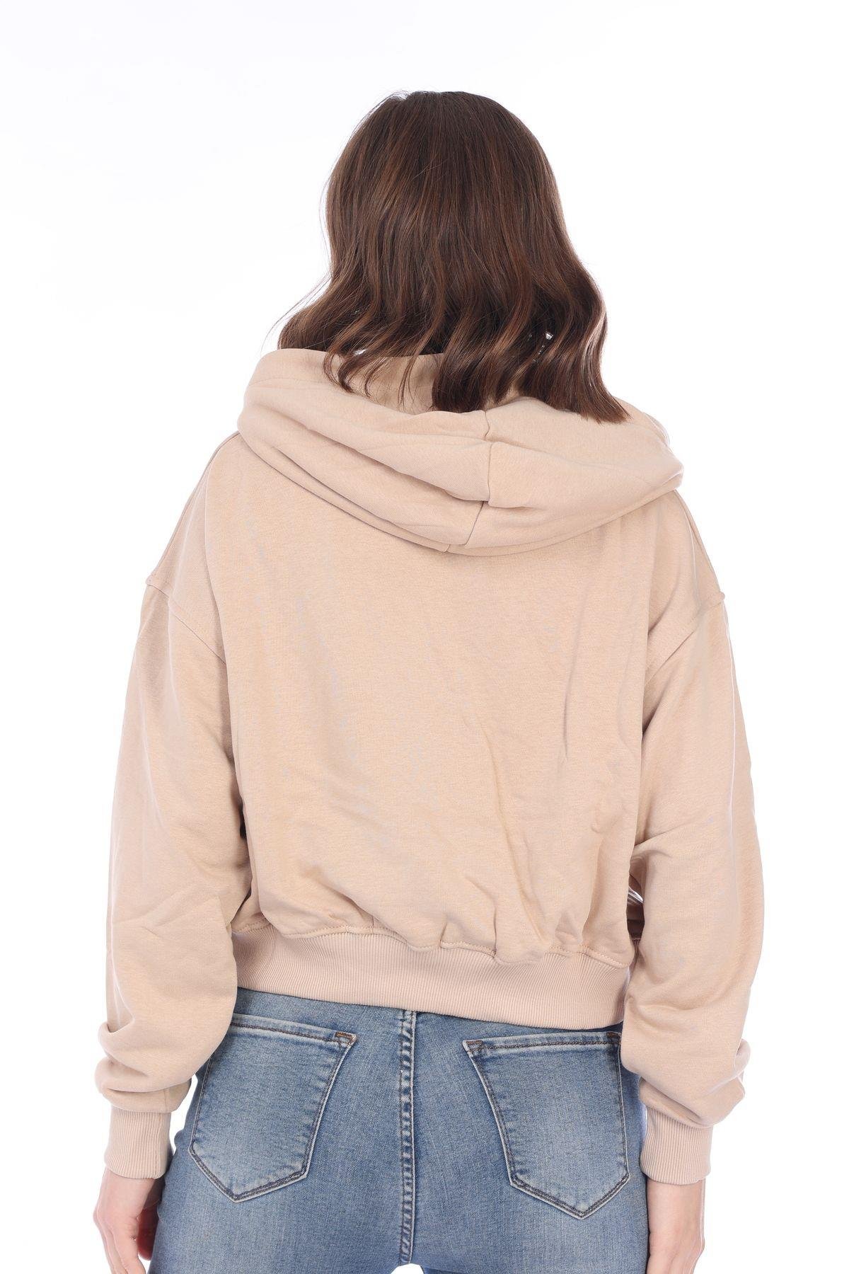 %100 pamuk Premium Kadın Bej Kapüşonlu crop sweatshirt