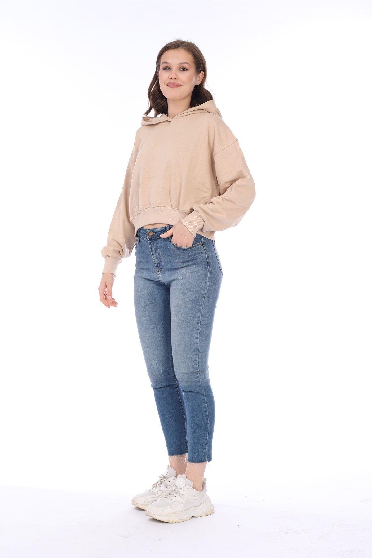 %100 pamuk Premium Kadın Bej Kapüşonlu crop sweatshirt