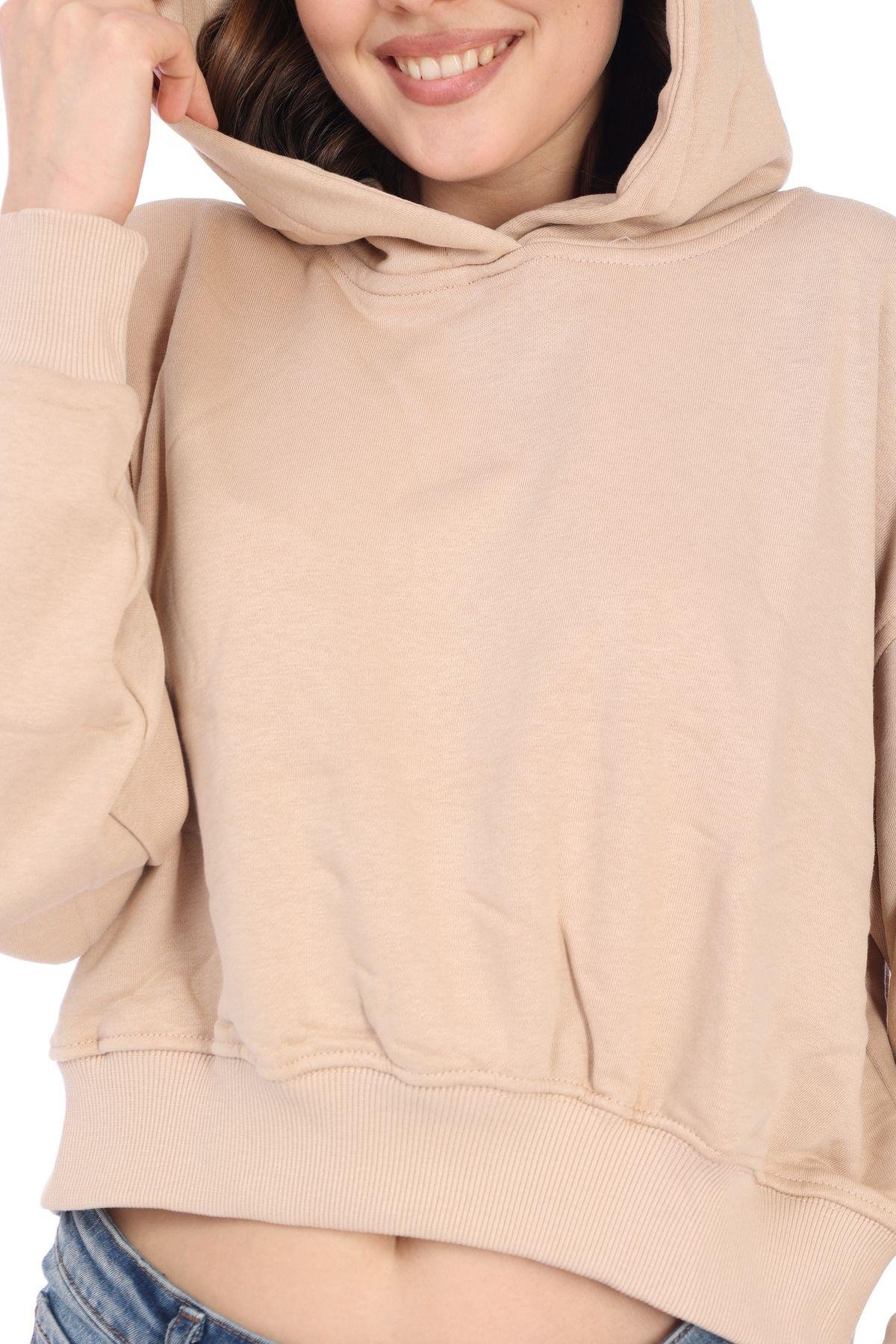 %100 pamuk Premium Kadın Bej Kapüşonlu crop sweatshirt